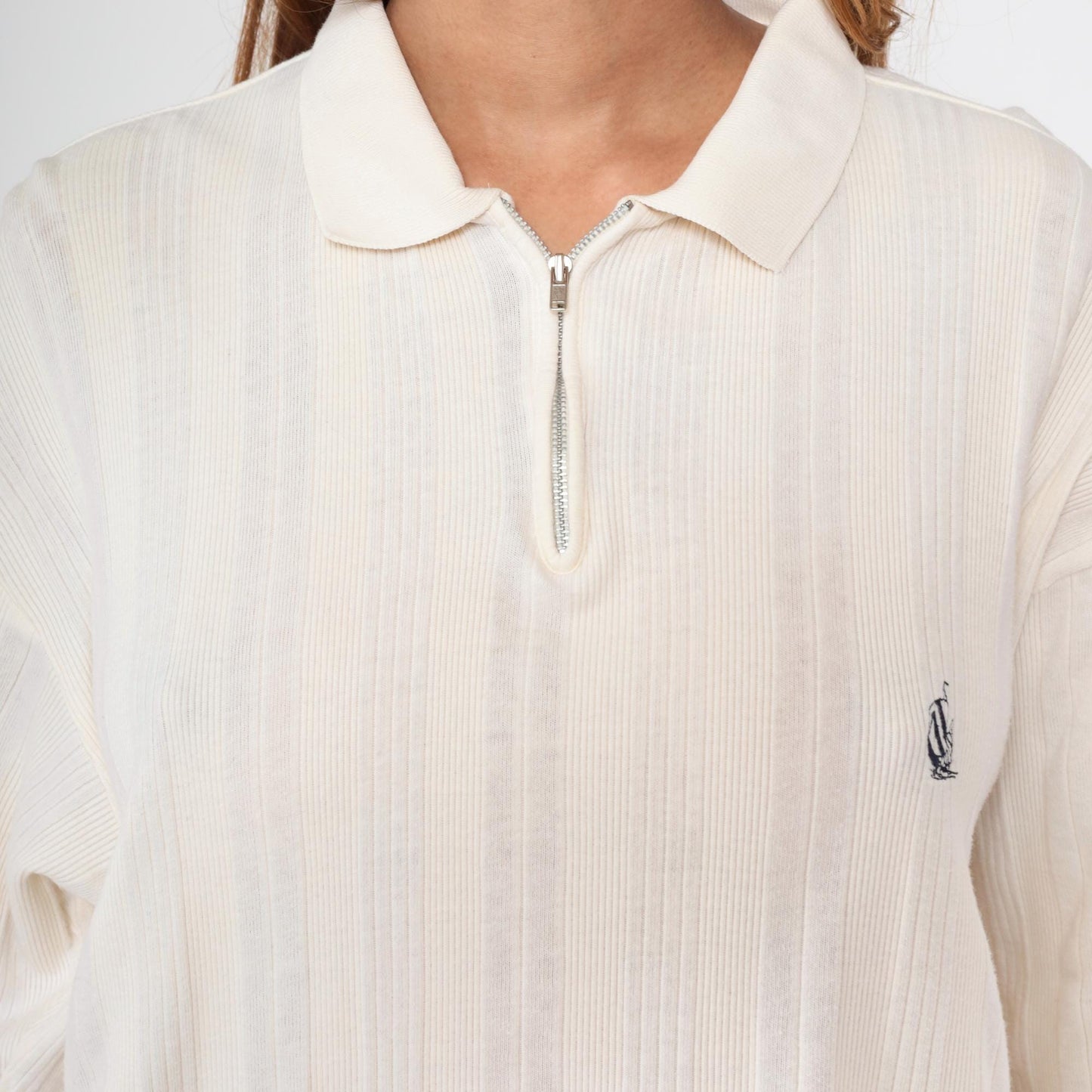 90s Nautica Quarter Zip Sailboat Shirt Off-White Ribbed Cotton Medium M