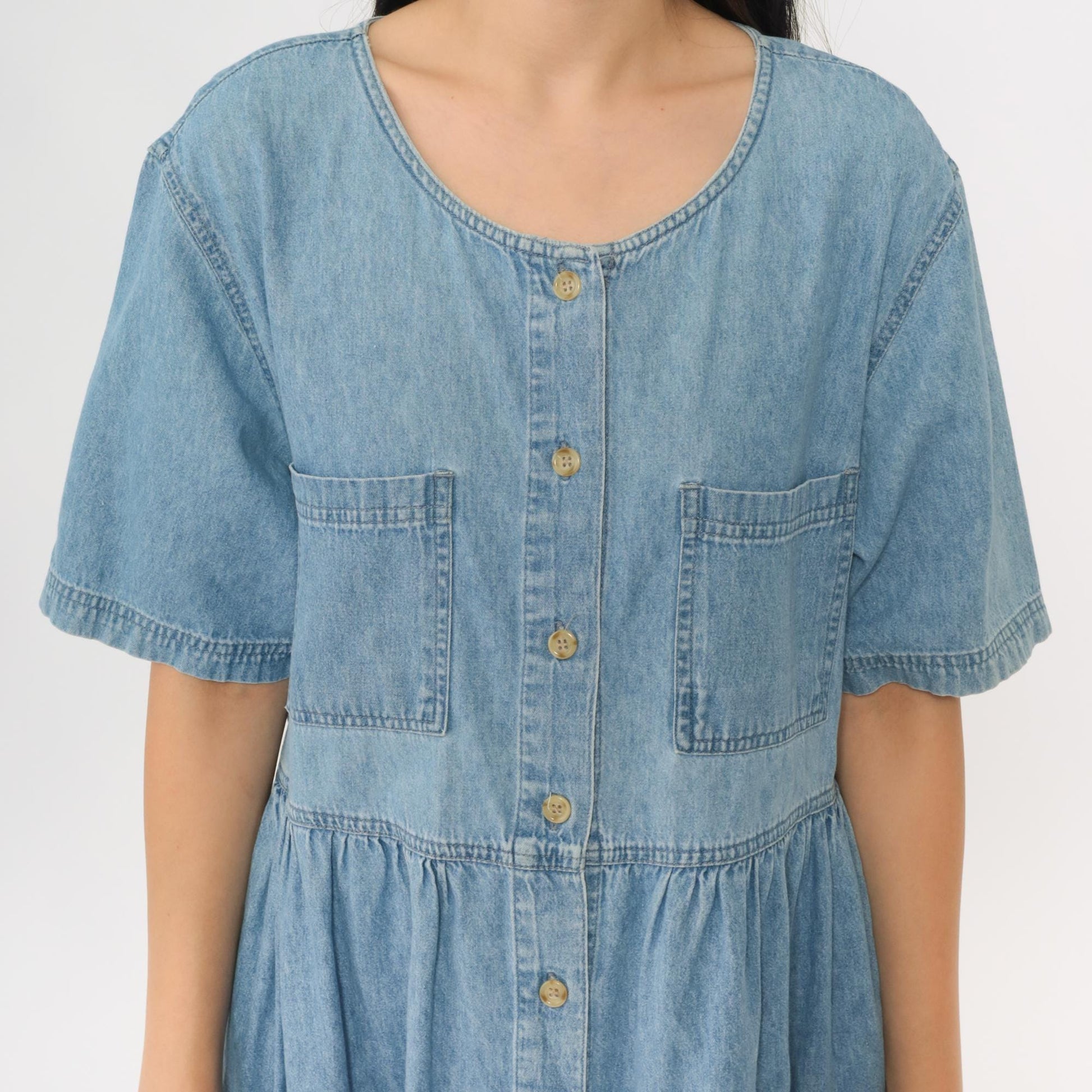 90s Mizz Lizz Blue Denim Midi Shirtdress Gathered Waist Medium M