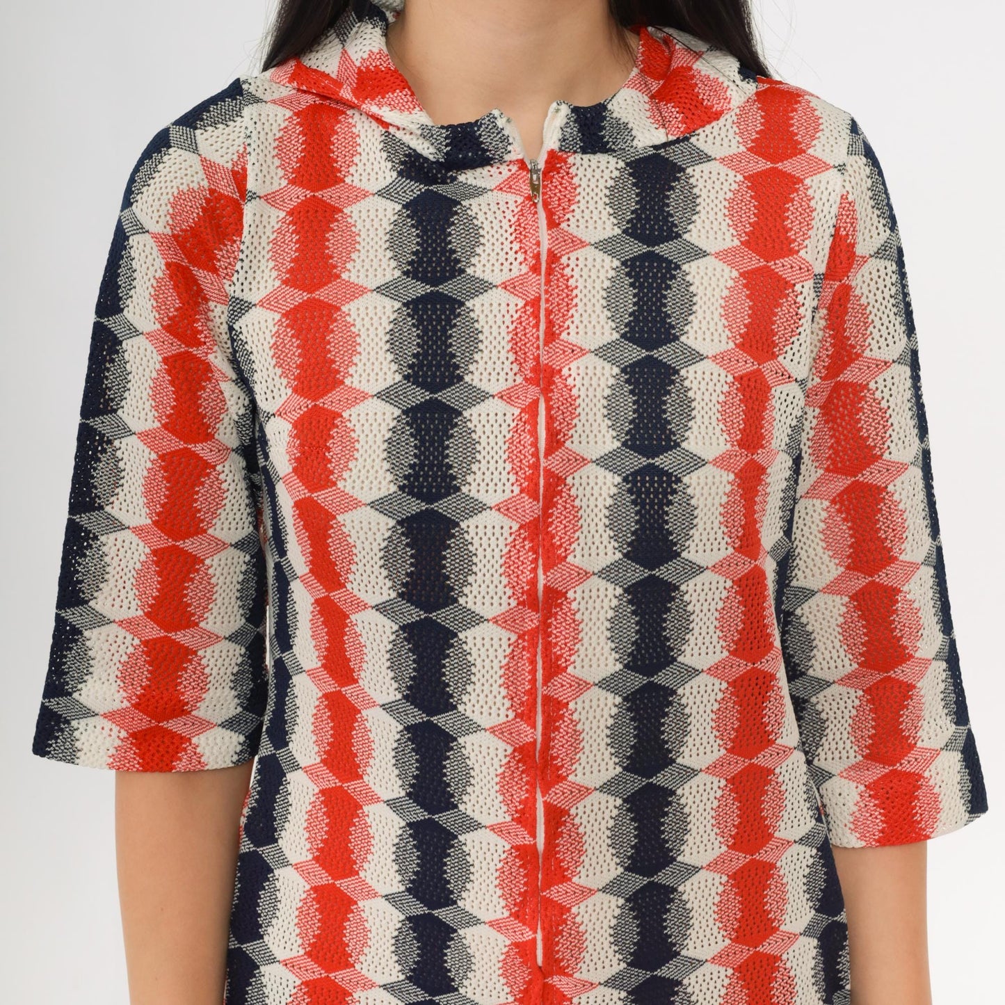 70s Mod Op Art Zip Dress Red Navy White Hooded Midi Cutout Small