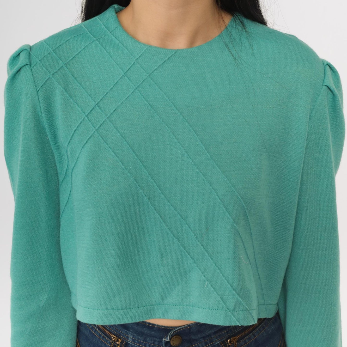 80s Green Puff Sleeve Crop Top Lattice Texture Wool Blend Medium