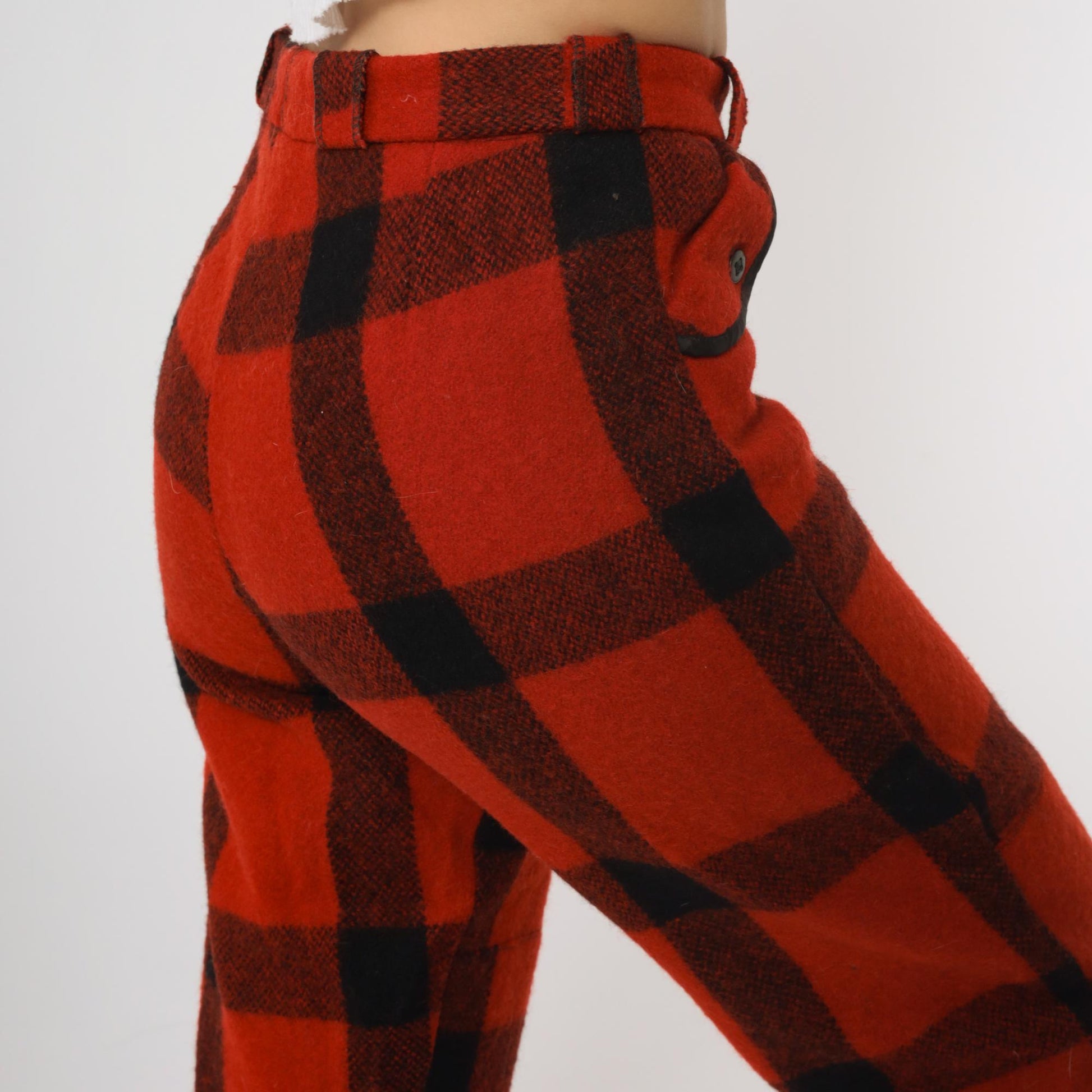 70s Buffalo Plaid Wool Capris Red Black High Waisted Cropped Pants Small