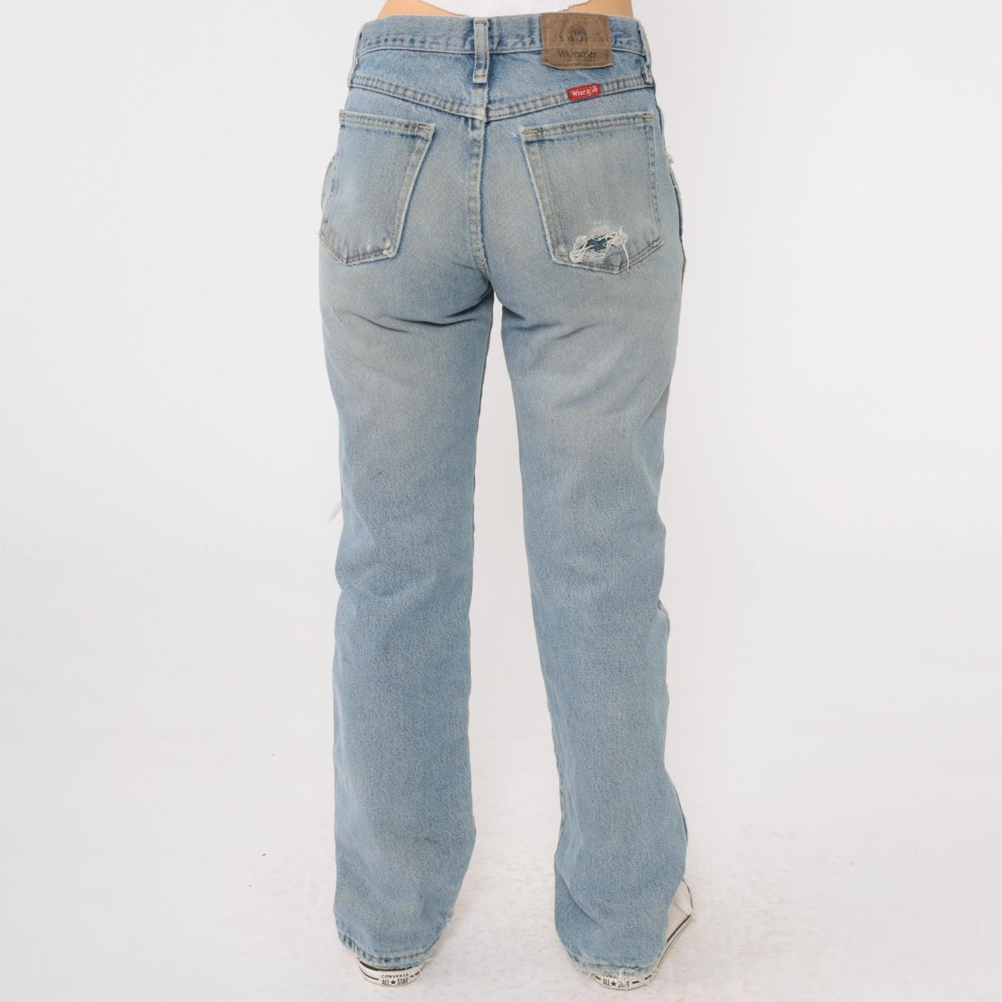 00s Wrangler Straight Leg High Rise Jeans Faded Blue Ripped 29x32