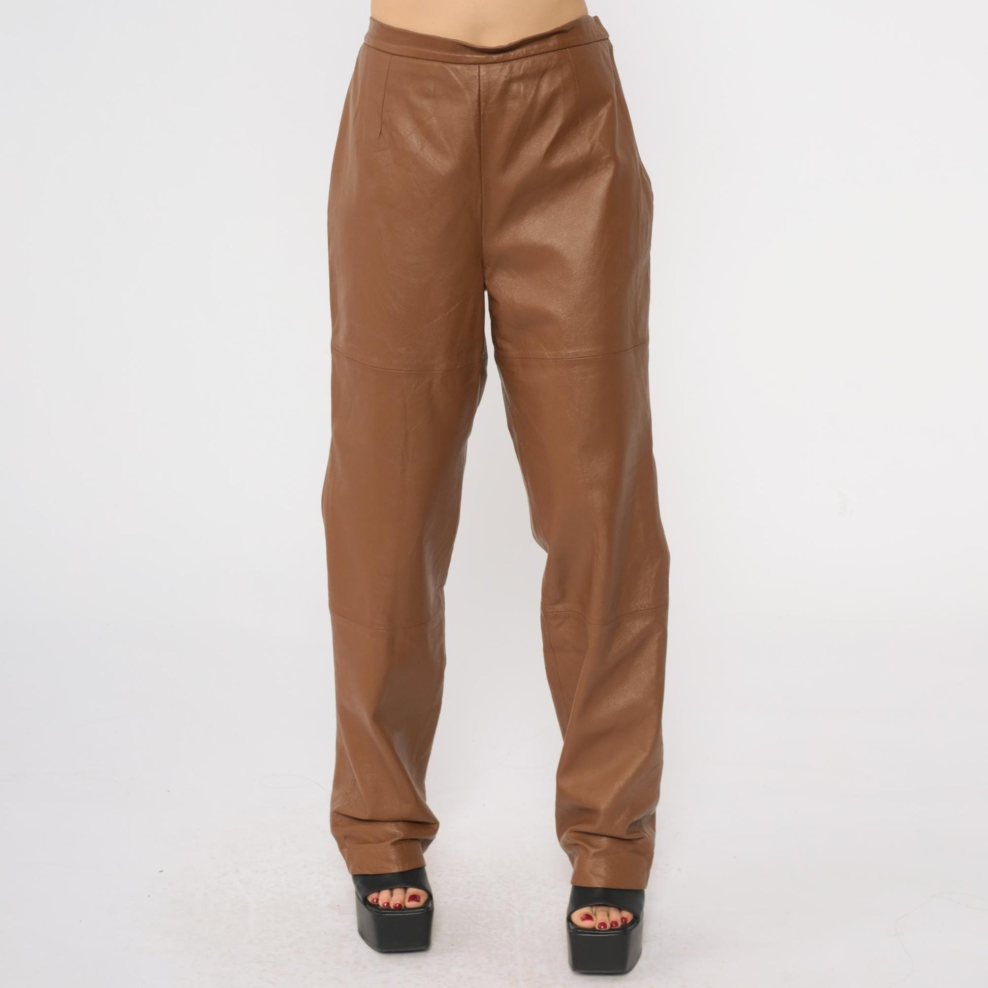 90s Terry Lewis Brown Leather Pants High Waist Straight Leg Medium