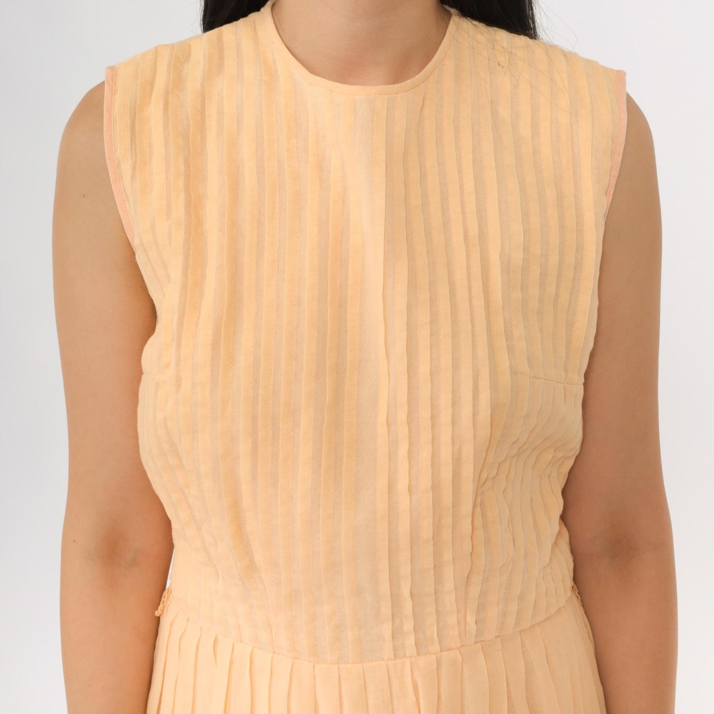 60s Peach Pleated Fit and Flare Midi Dress Sleeveless High Waist Small S