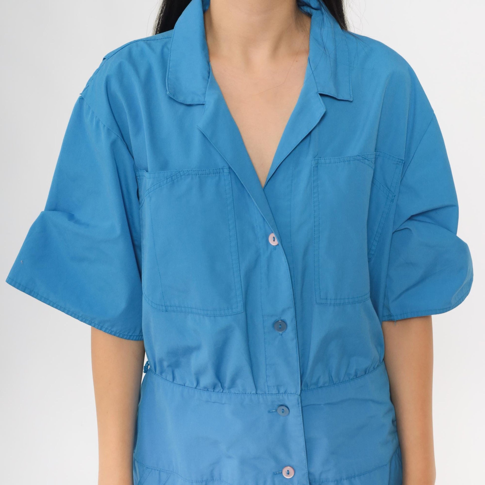 80s Blue Midi Shirt Dress Chest Pockets Half Sleeve Collared Medium