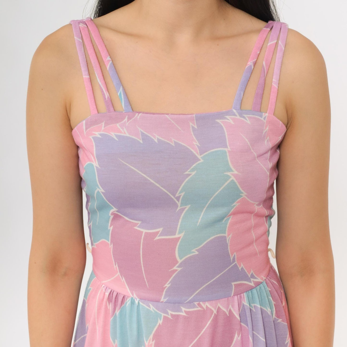 80s Pastel Leaf Print Midi Sundress Purple Pink High Waist Spaghetti Strap Extra Small