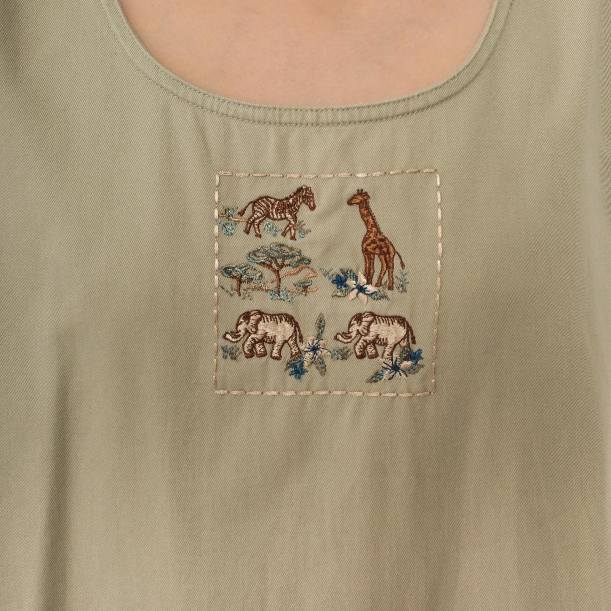 90s Safari Jumper Dress Khaki Embroidered Animals Maxi Sleeveless Extra Large XXL
