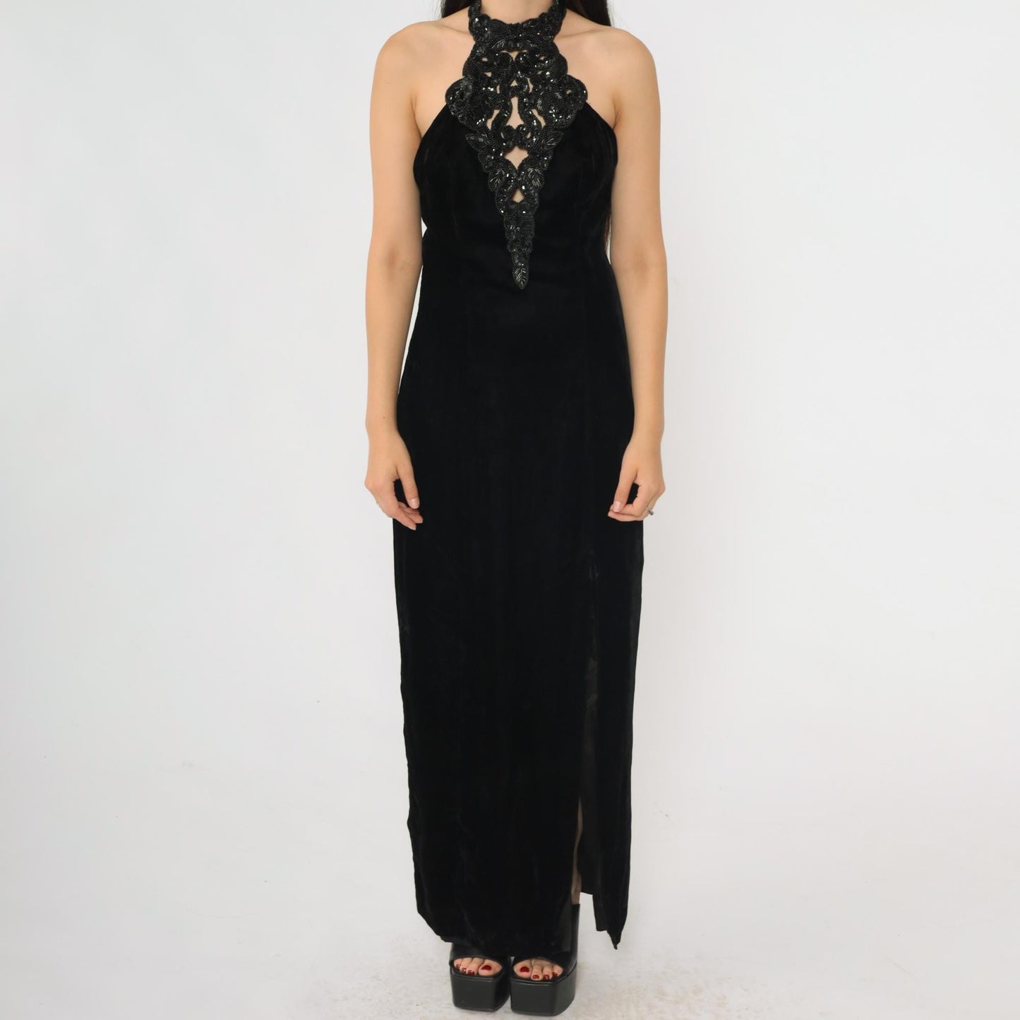90s Hugo Buscati Milano Black Velvet Beaded Halter Maxi Dress Open Back Small