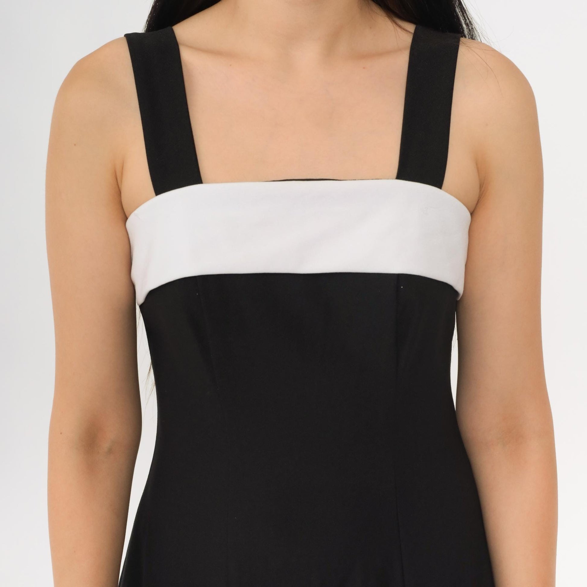 Y2K Black Maxi Dress White Chest Panel Square Neck Sleeveless Extra Small