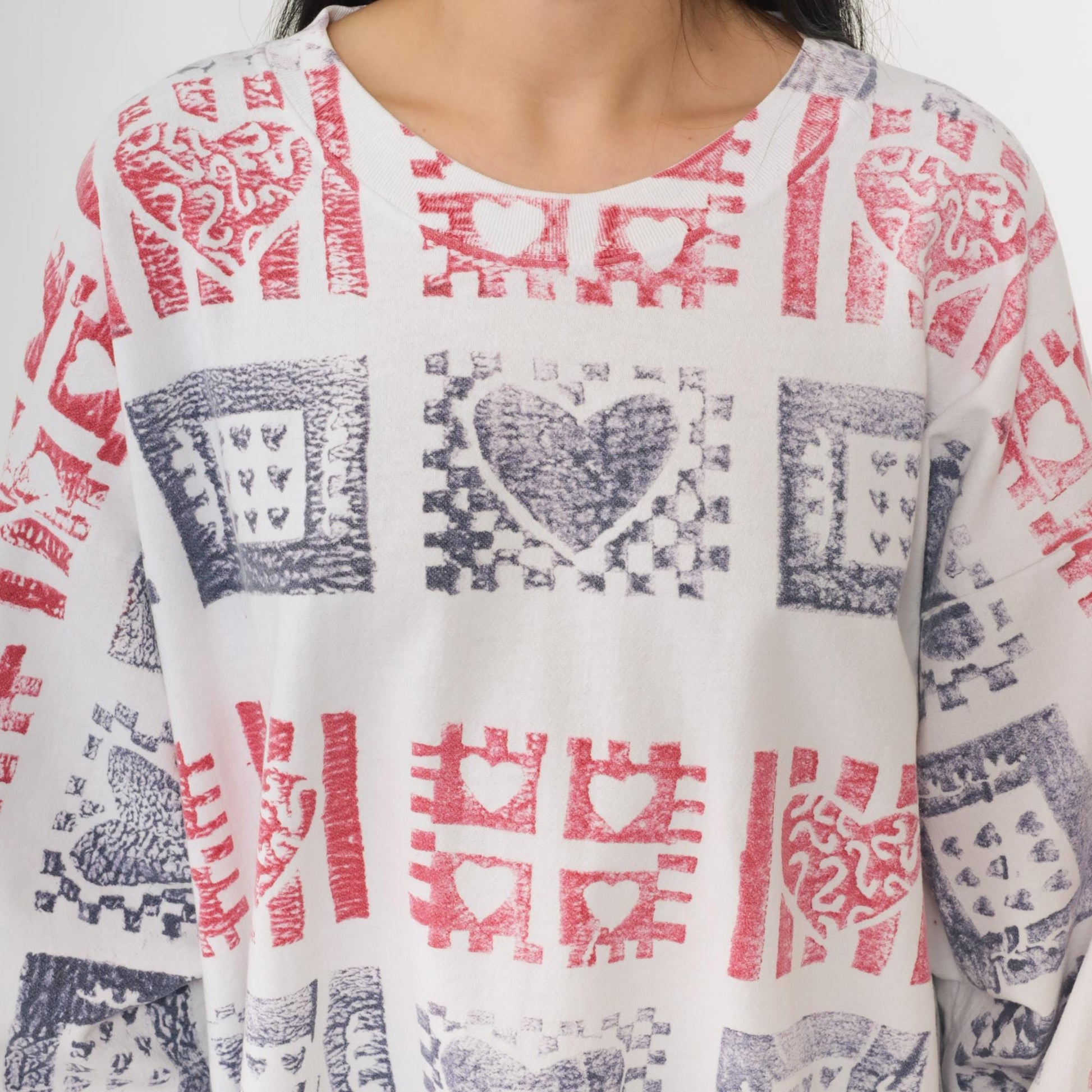 90s Heart Block Print Sweatshirt White Crewneck Pullover Extra Large XXL