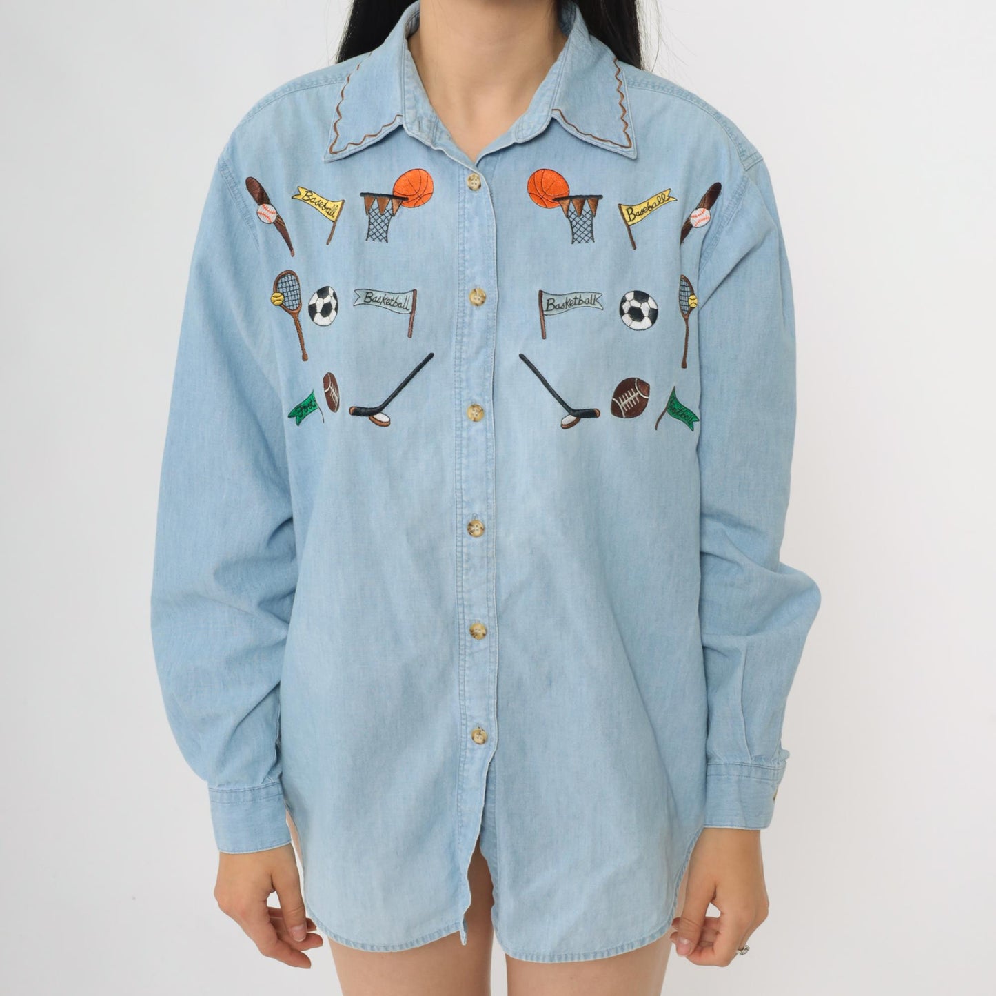 90s Westbound Denim Button Up Shirt Embroidered Sports Design Blue Medium M