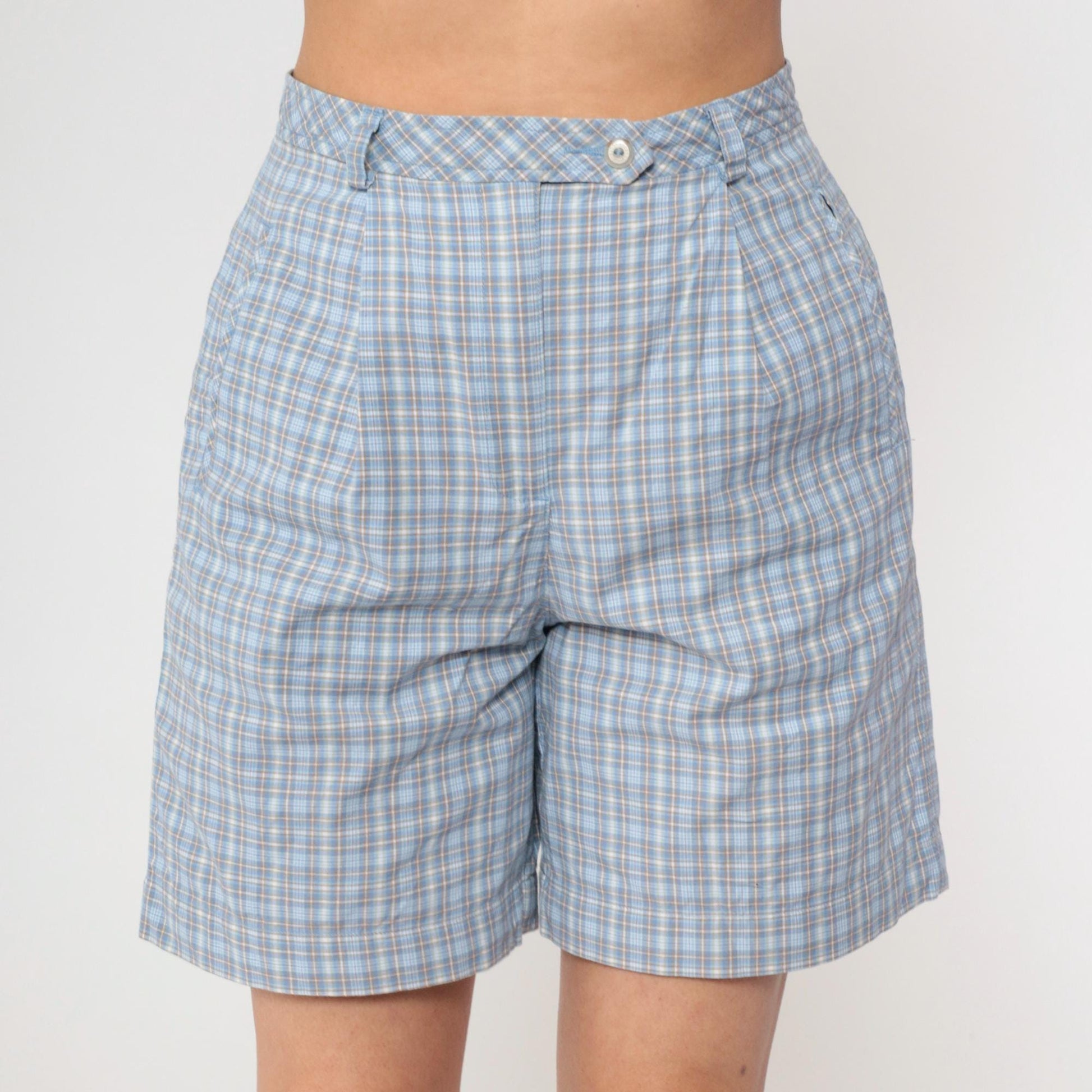 90s Liz Golf Plaid Shorts Light Blue High Waisted Pleated Small