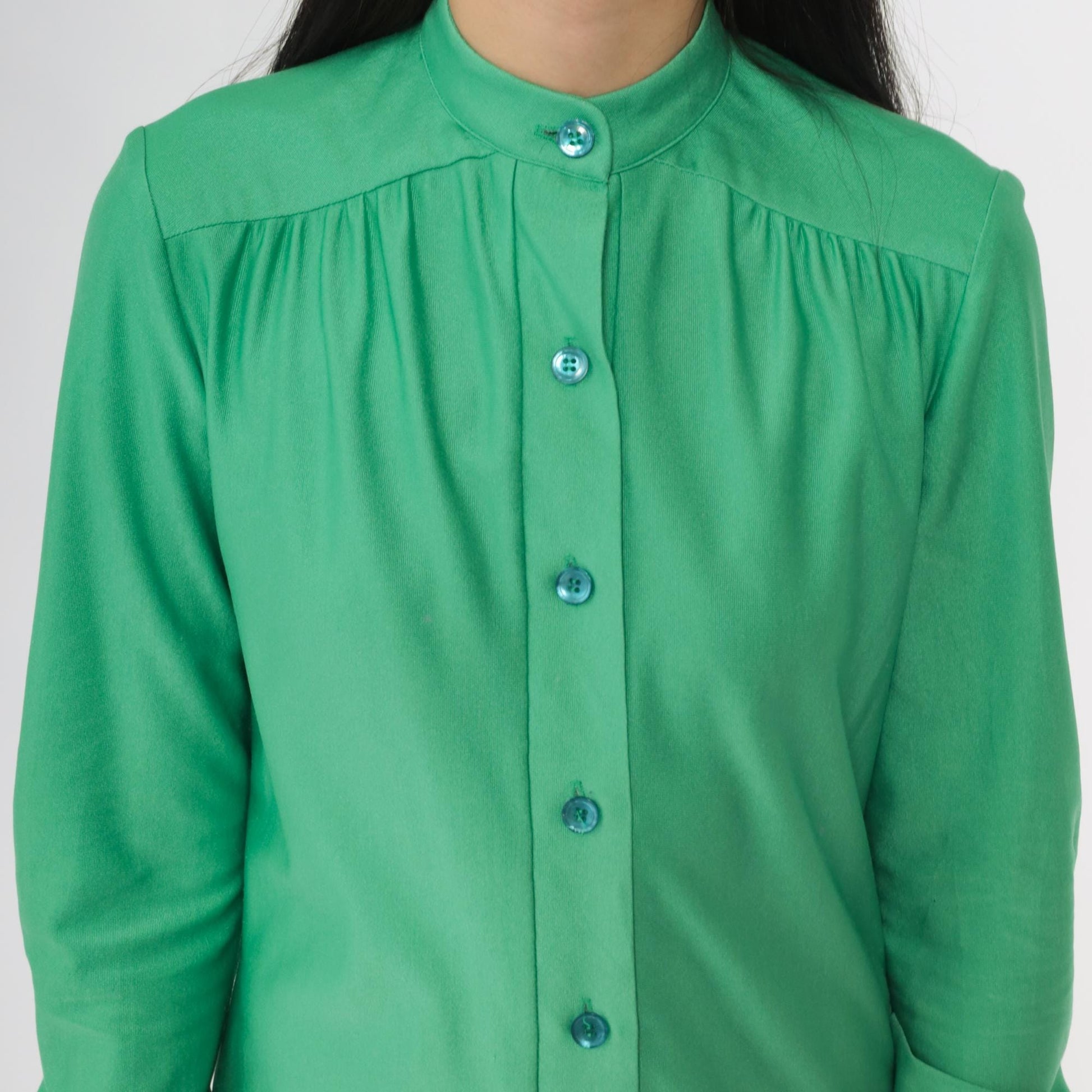 70s Green Mini Shift Dress Button-Up Long Sleeve High Neck Extra Small