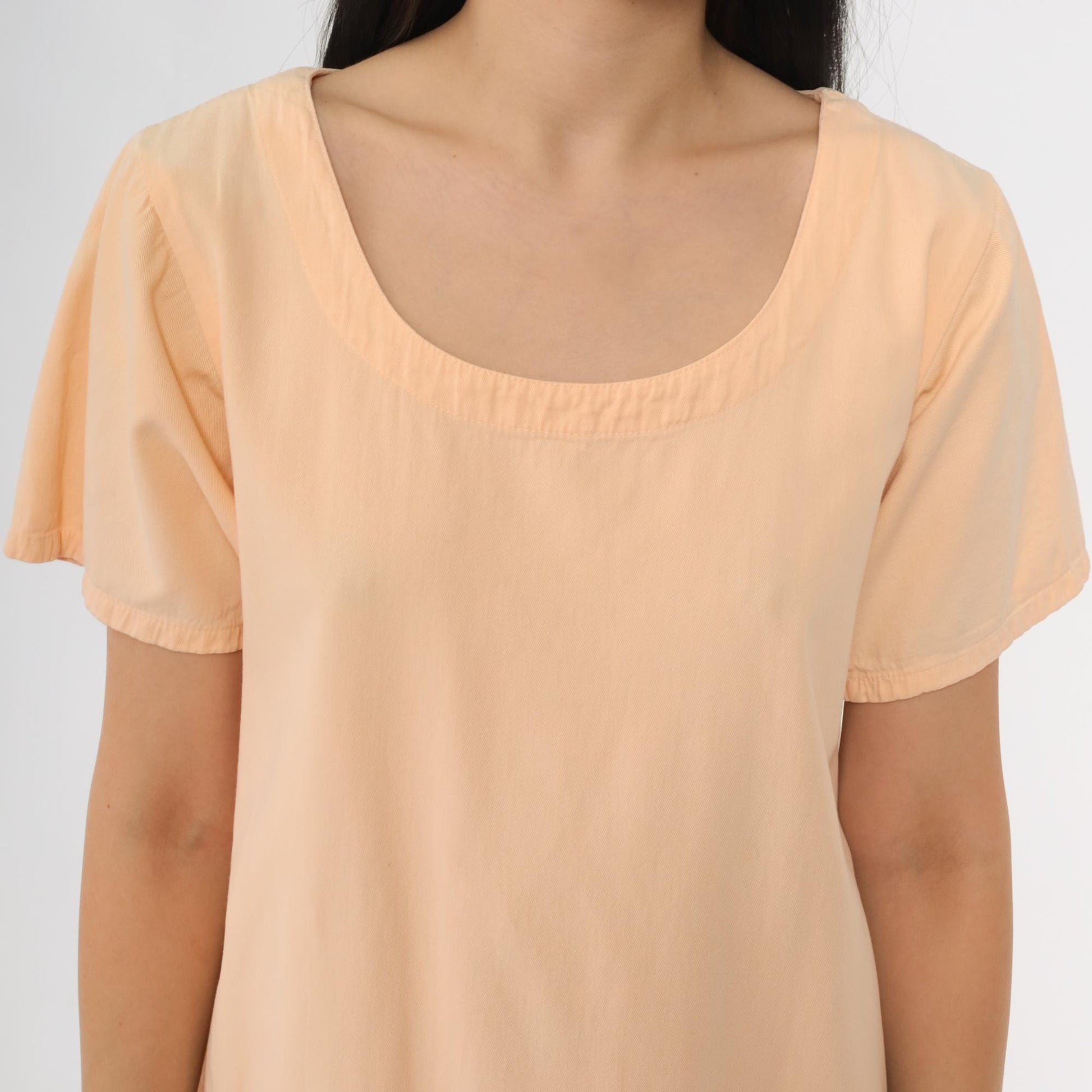 90s Peach Fringe Mini Shift Dress Cotton Short Sleeve Pockets Small S