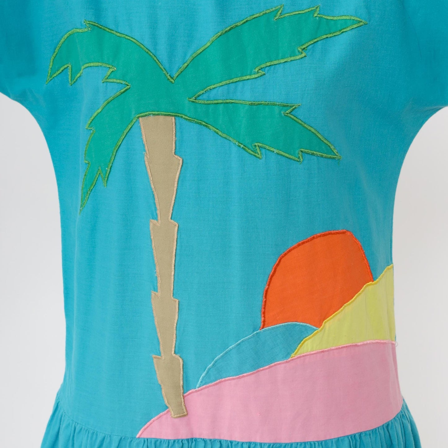 80s Turquoise Tropical Palm Tree Midi Dress Keyhole Back Drop Waist Small