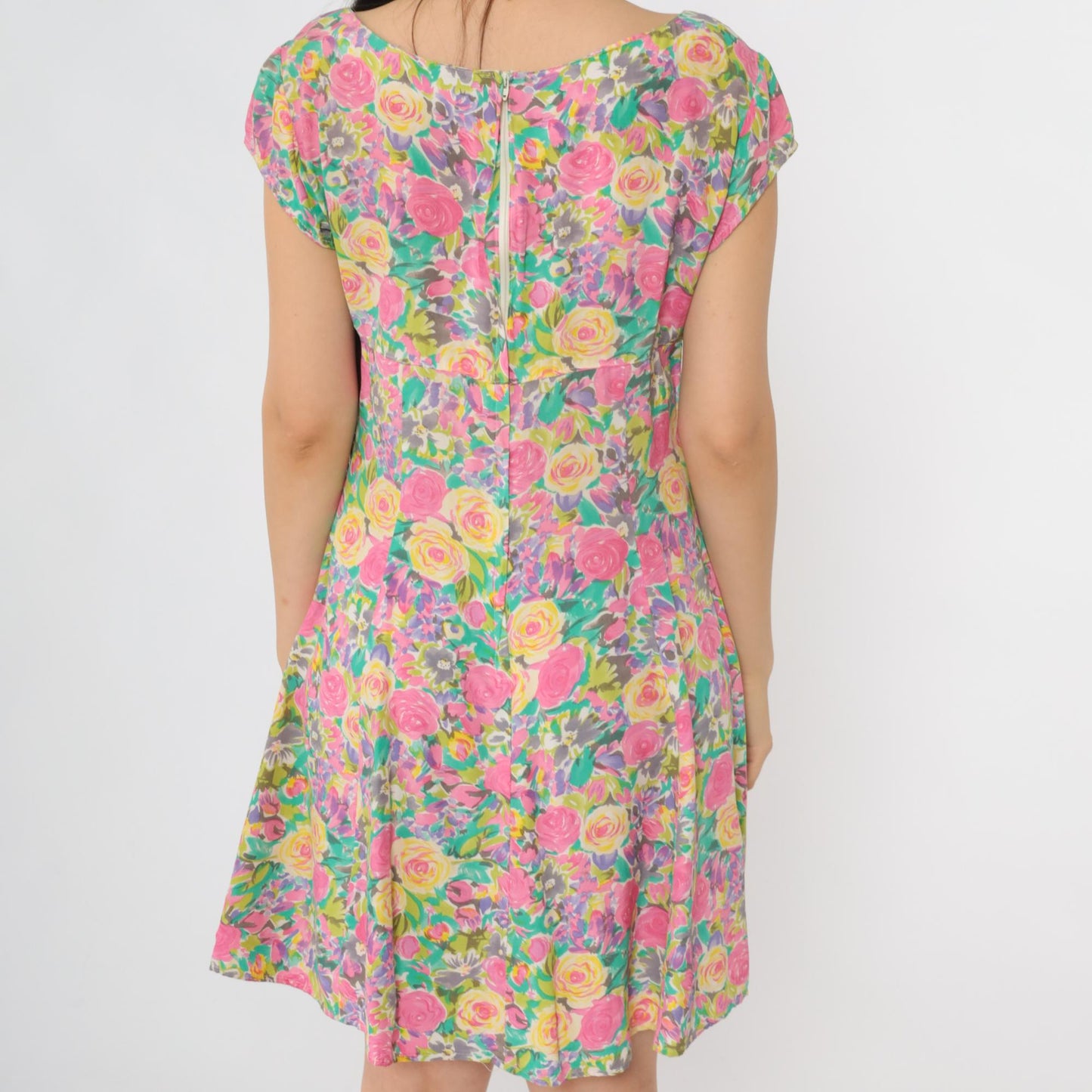 90s Paris Blues Floral Mini Dress Empire Waist Fit Flare Pink Blue Small