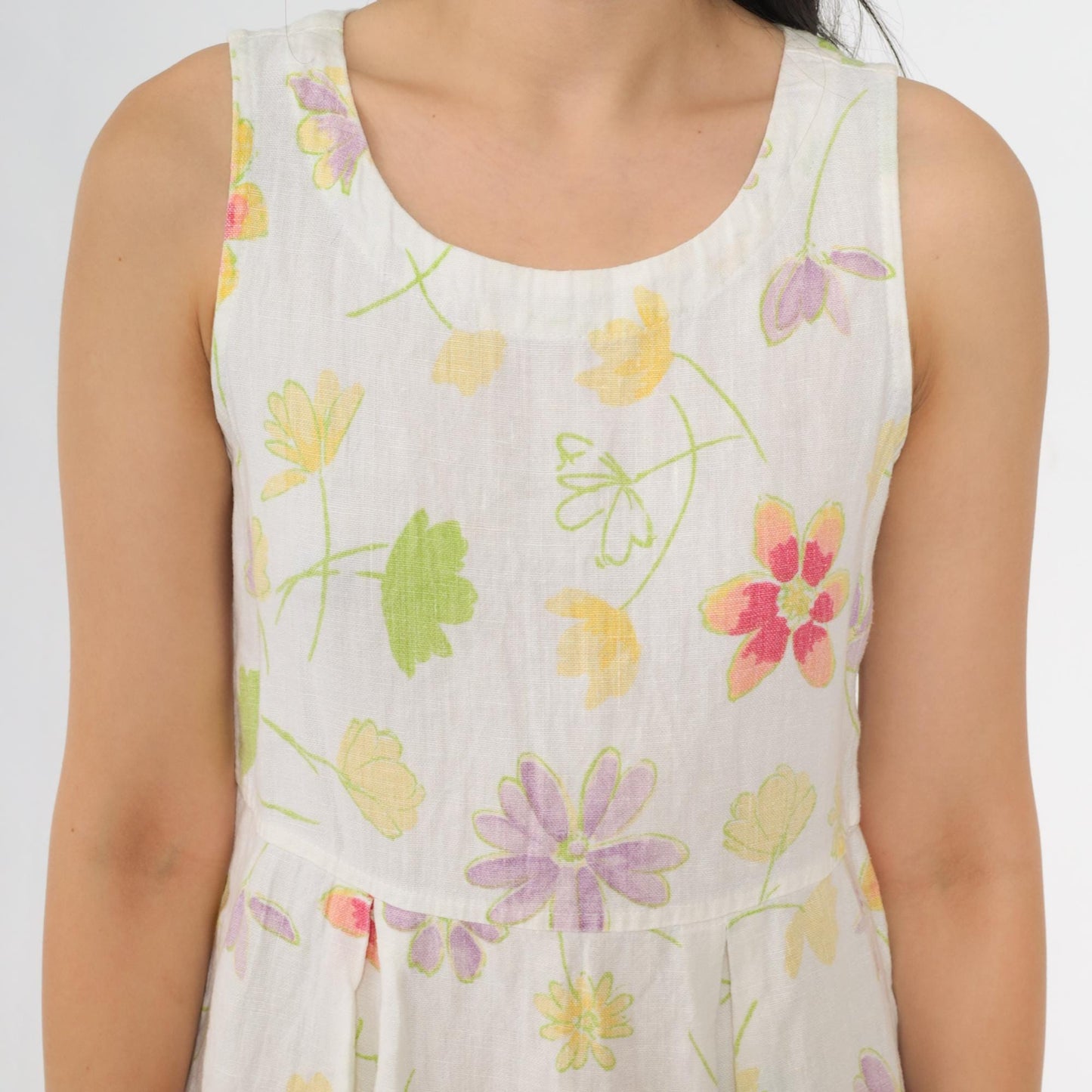 90s White Floral Linen Midi Dress Sleeveless High Waist Small 4