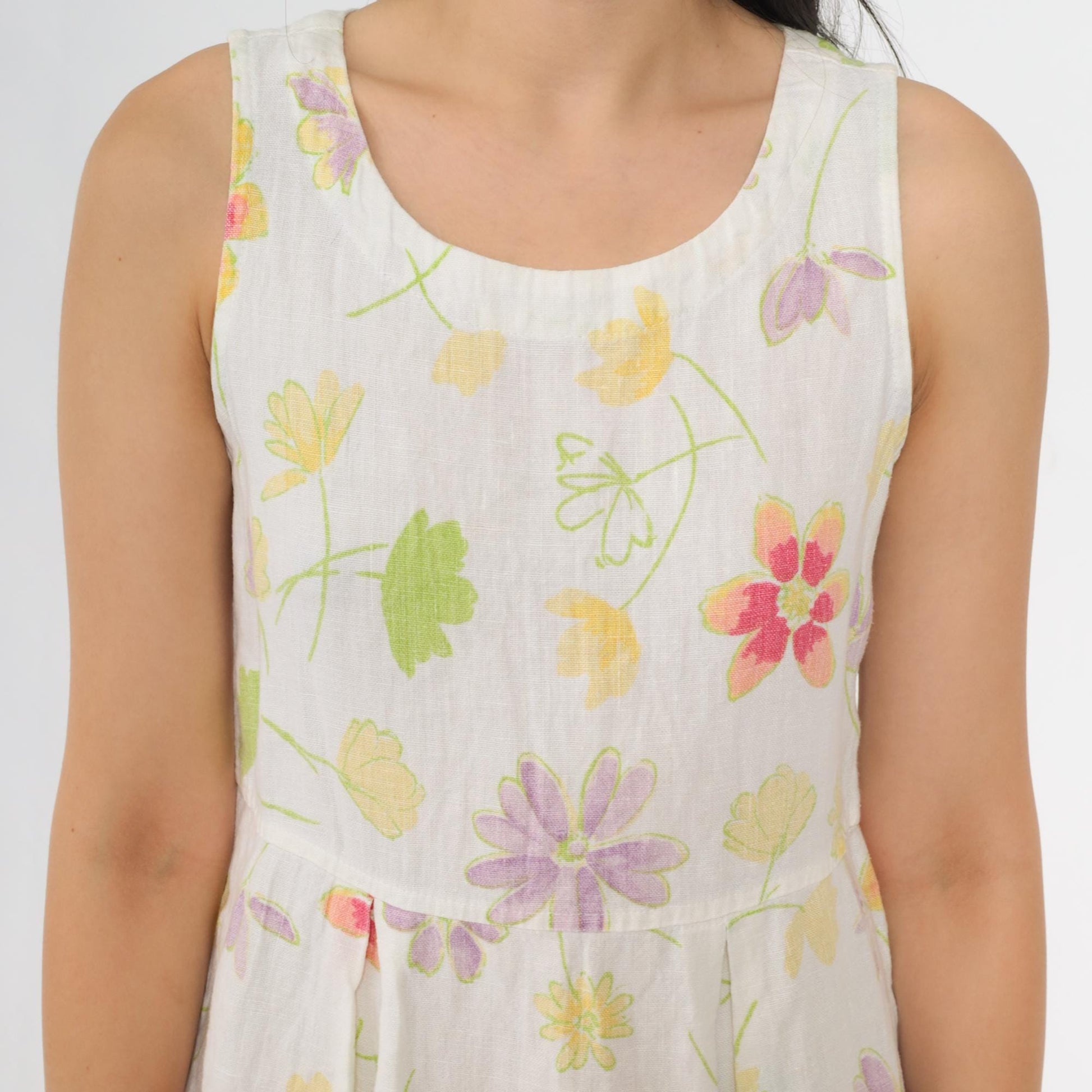 90s White Floral Linen Midi Dress Sleeveless High Waist Small 4