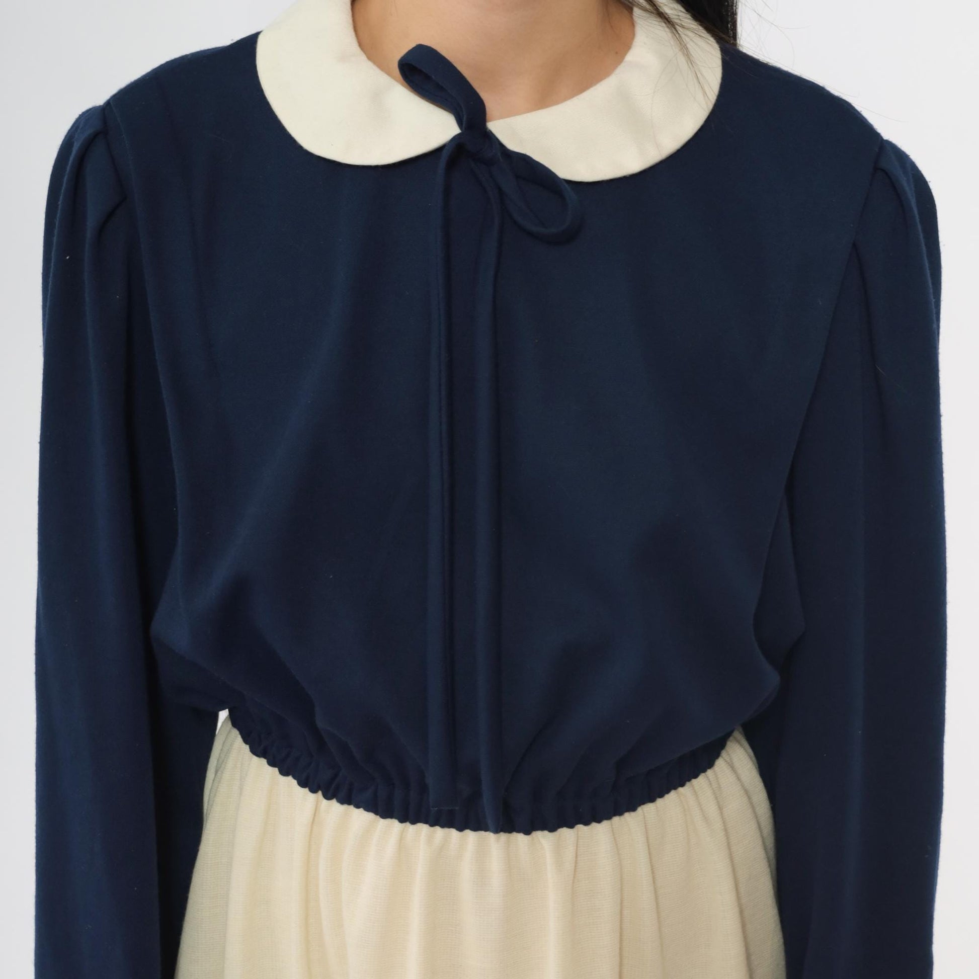 70s Checkaberry Two-Tone Midi Dress Peter Pan Collar Puff Sleeve Navy Cream Medium Large