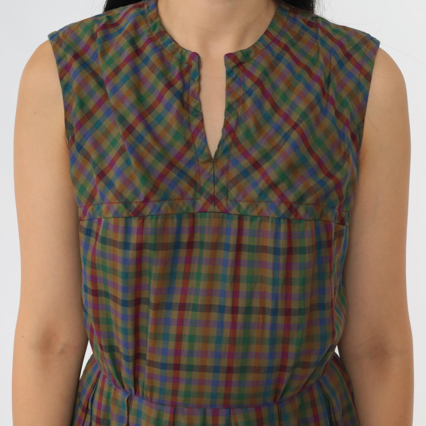 1960s Sue Brett Olive Gingham Sleeveless Midi Dress High Waist Pleated Extra Small