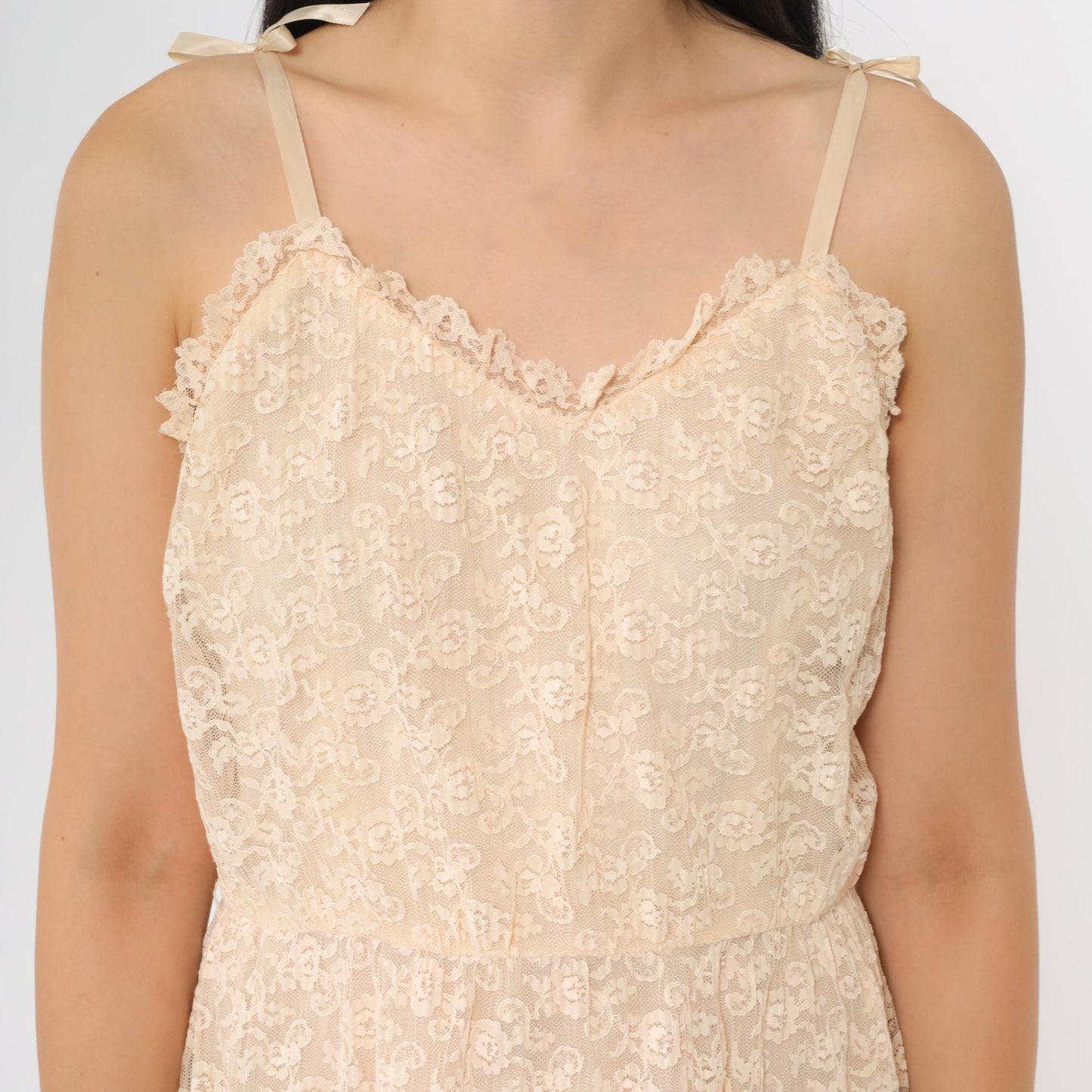 70s Peach Lace Maxi Dress Sweetheart Neckline Spaghetti Strap Small