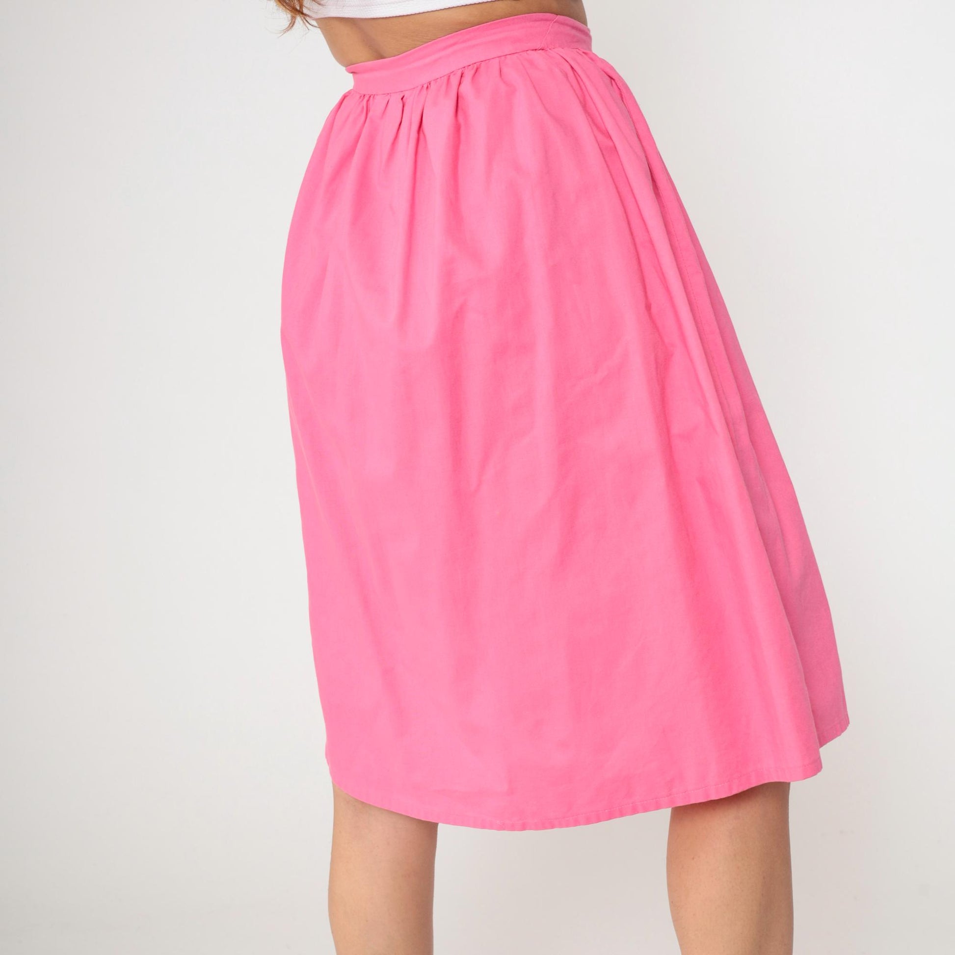 80s Bright Pink Button-Up Midi Skirt High Waist Gathered Small