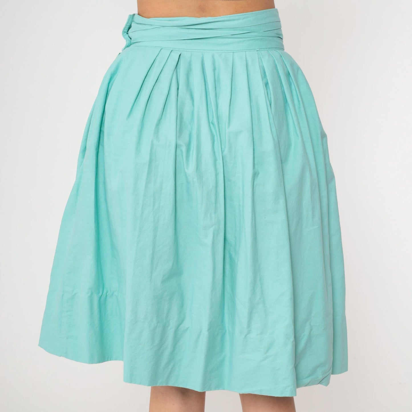 60s Seafoam Pleated High-Waist Skirt Mint Blue Knee-Length Small S