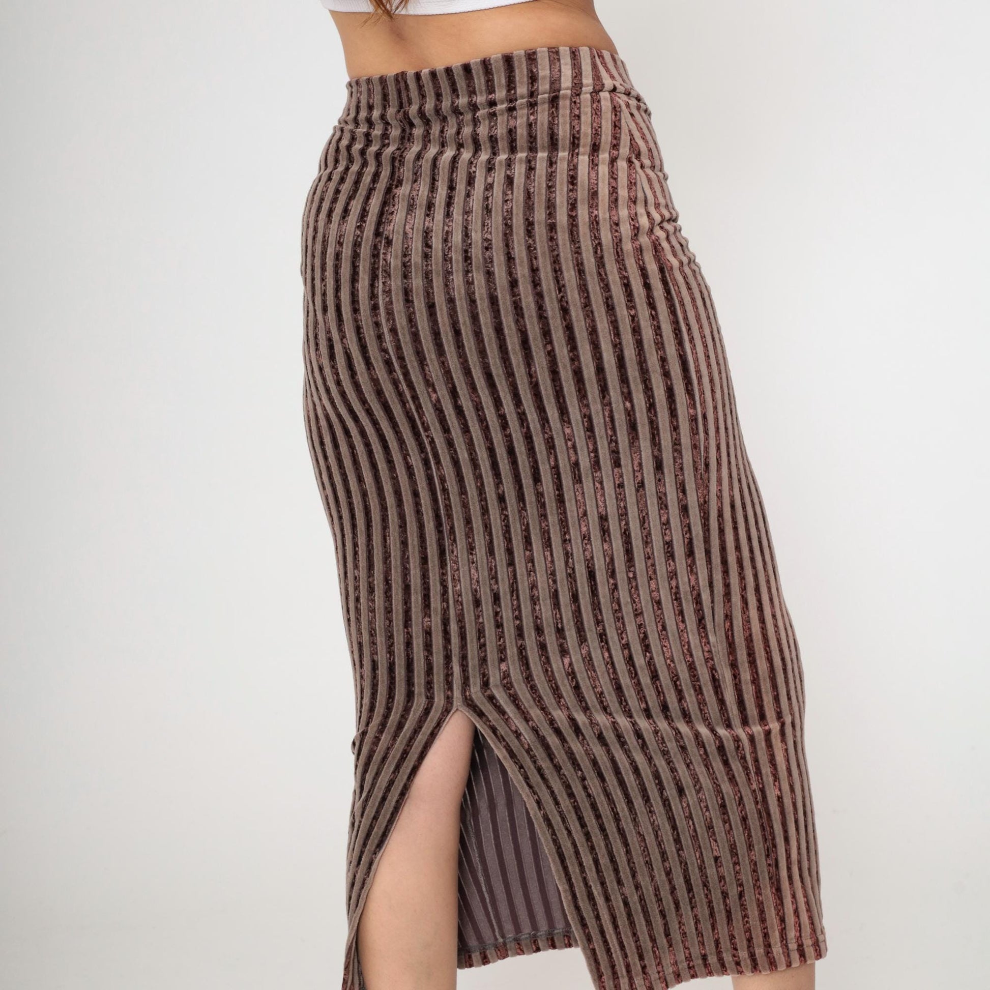 90s Brown Striped Velvet Midi Skirt High Waist Bodycon Pencil Medium