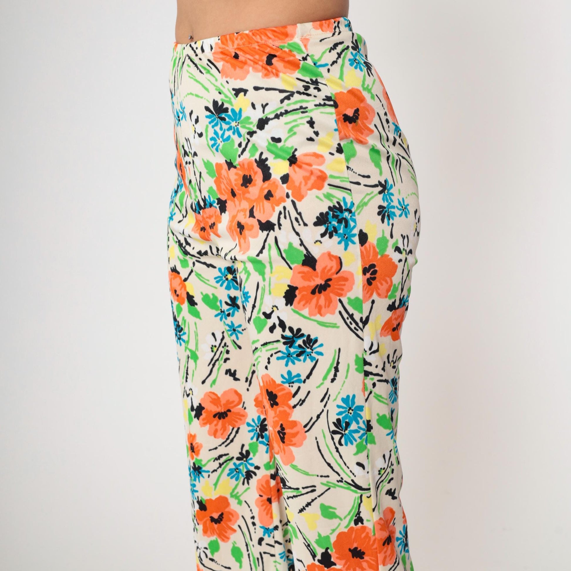70s Floral Straight Leg Pants Cream Orange High Waist Elastic Pull On XS