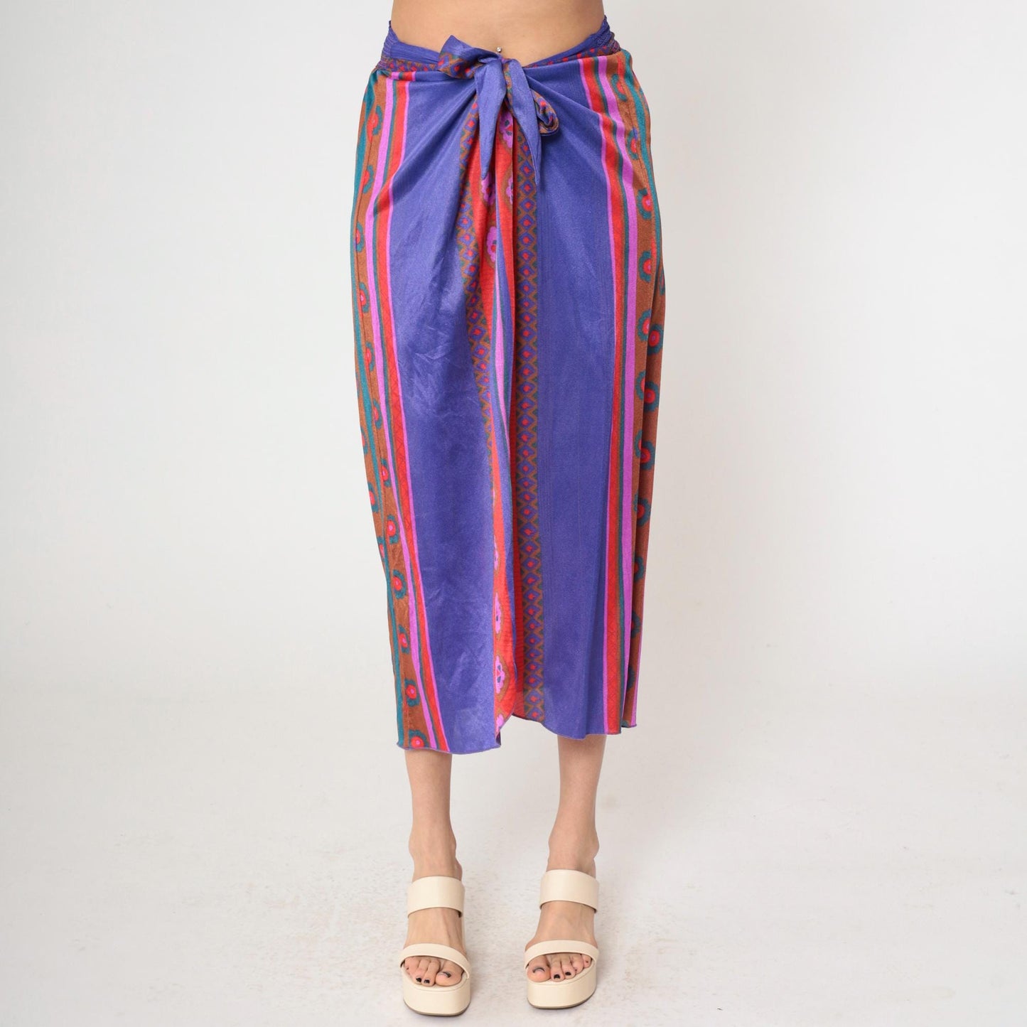 70s Stewart Striped Midi Skirt Purple Red Tie Waist Front Slit Medium