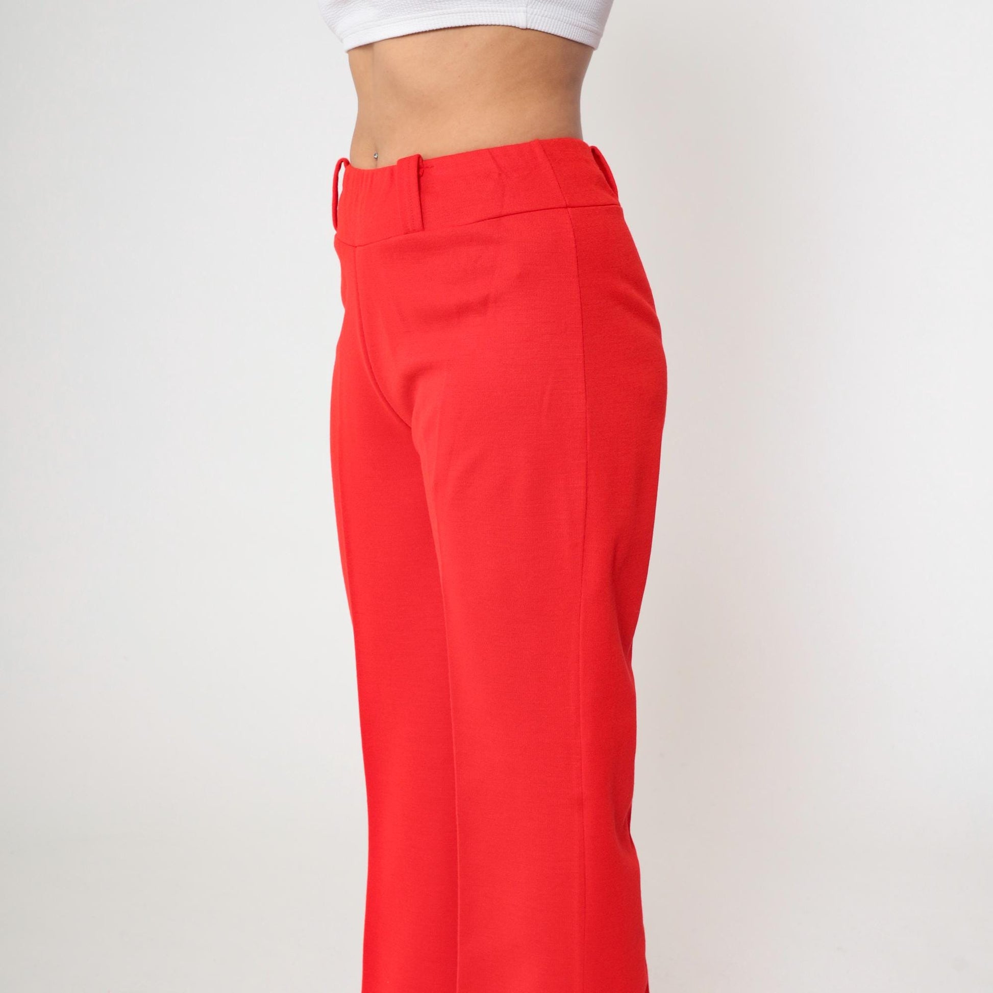70s Red Flared High-Waist Trousers Cuffed Creased Vintage Pants Medium M