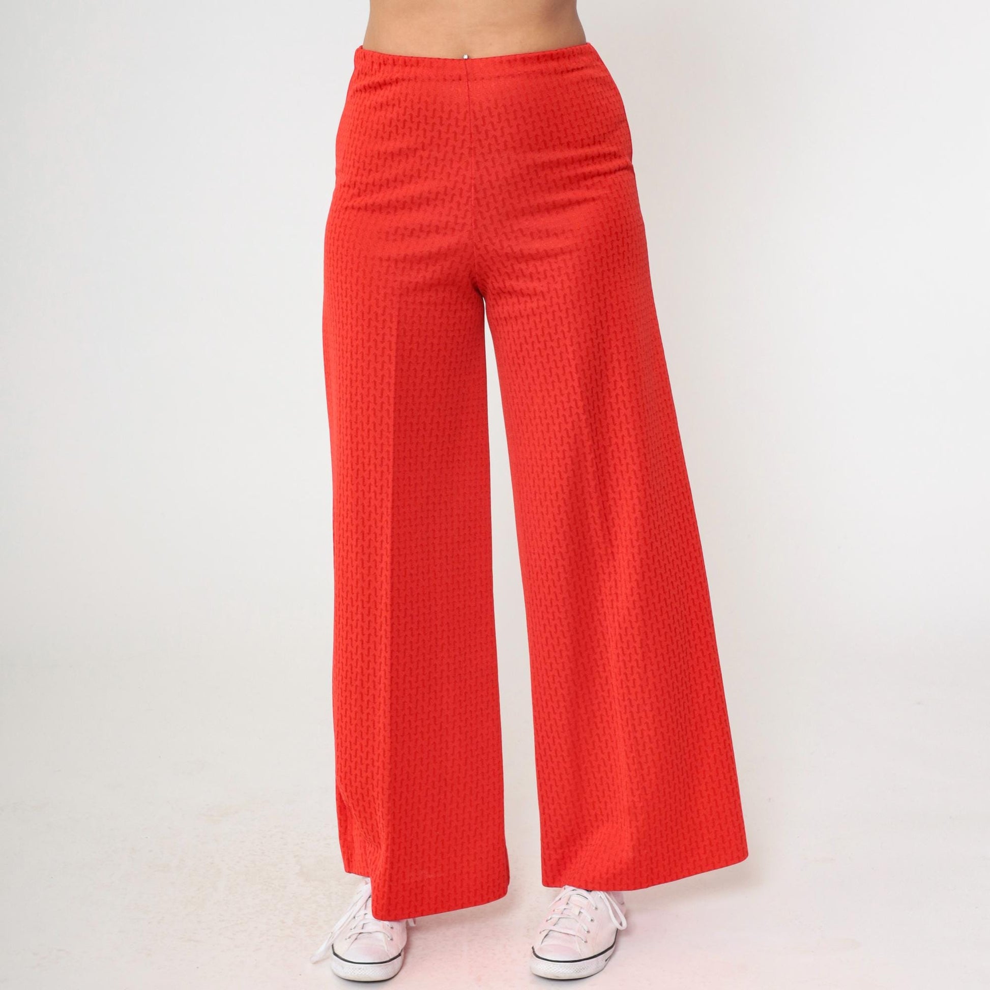 70s Red Wide Leg Flared Pants High Rise Geometric Texture Small Medium
