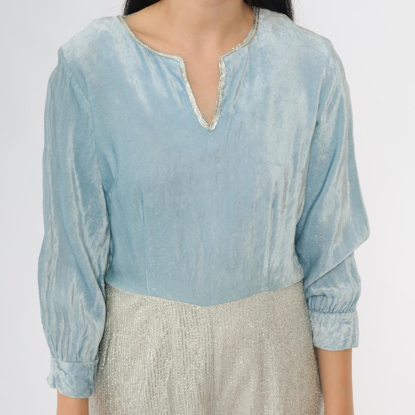 70s Metallic Velvet Jumpsuit Wide Leg Light Blue Silver V-Neck Small S