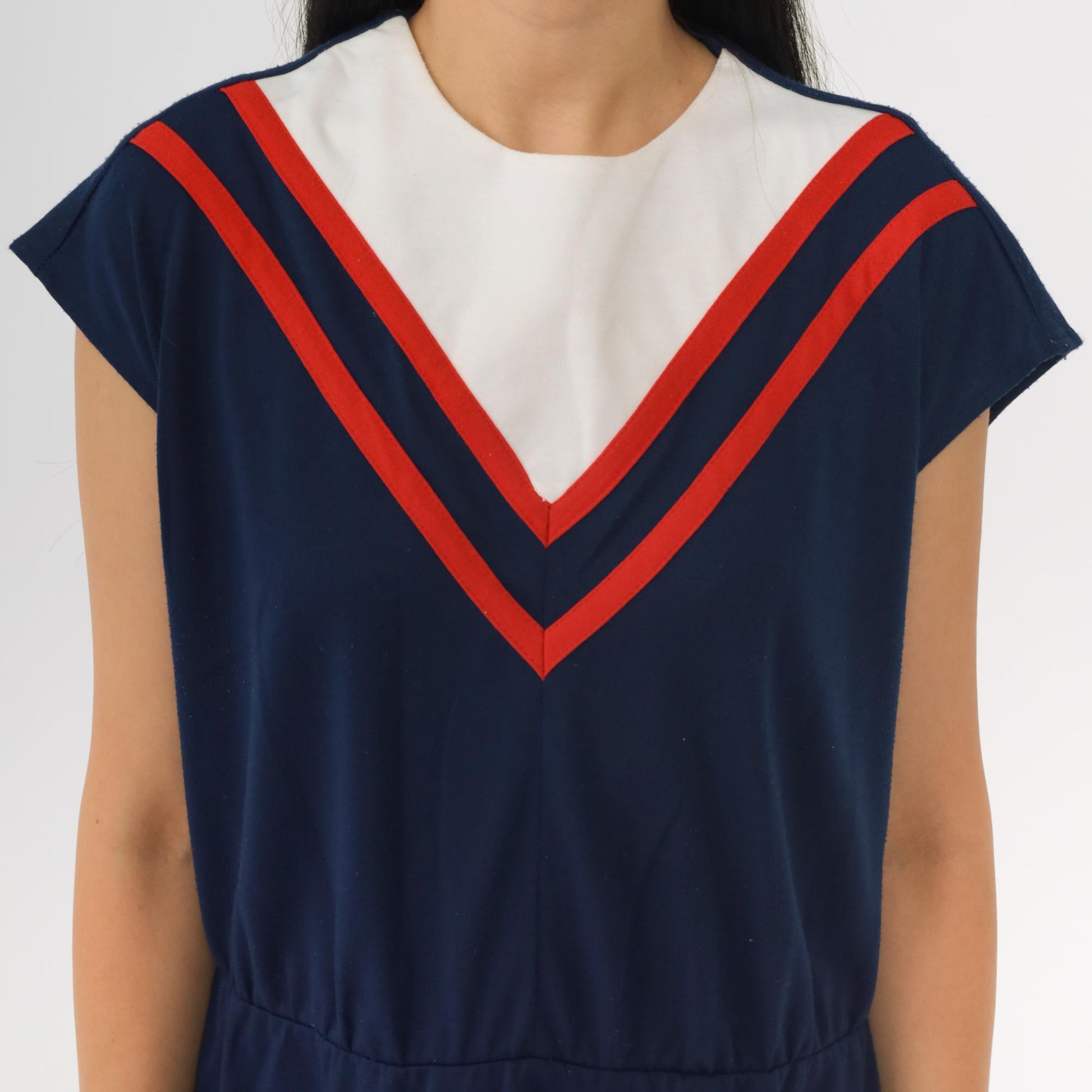 80s Navy Chevron Striped Mini Dress White Yoke Cap Sleeve High Waist Medium
