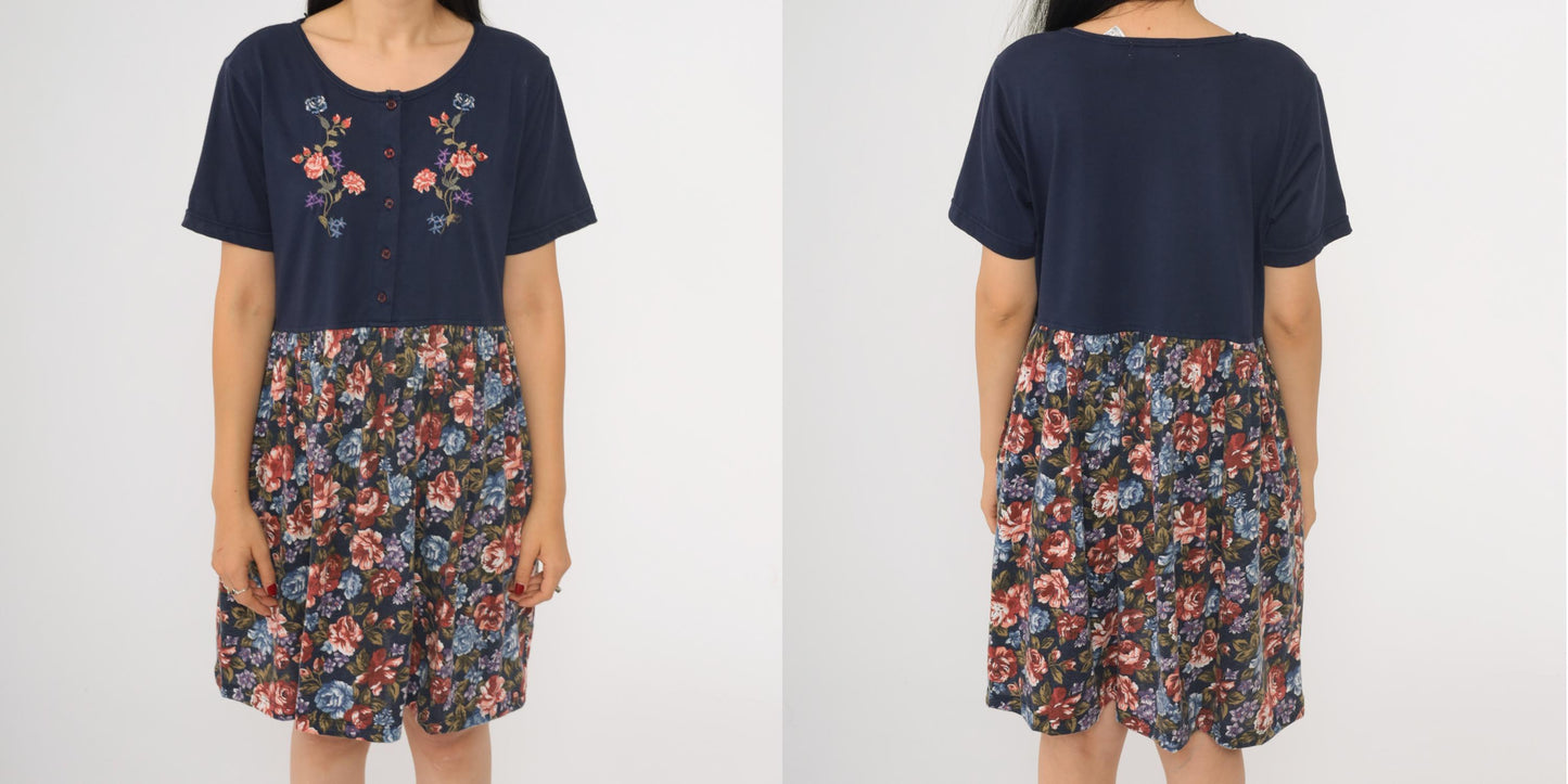 90s Sweetbriar Navy Floral Mini Dress Button Up Embroidered Medium M