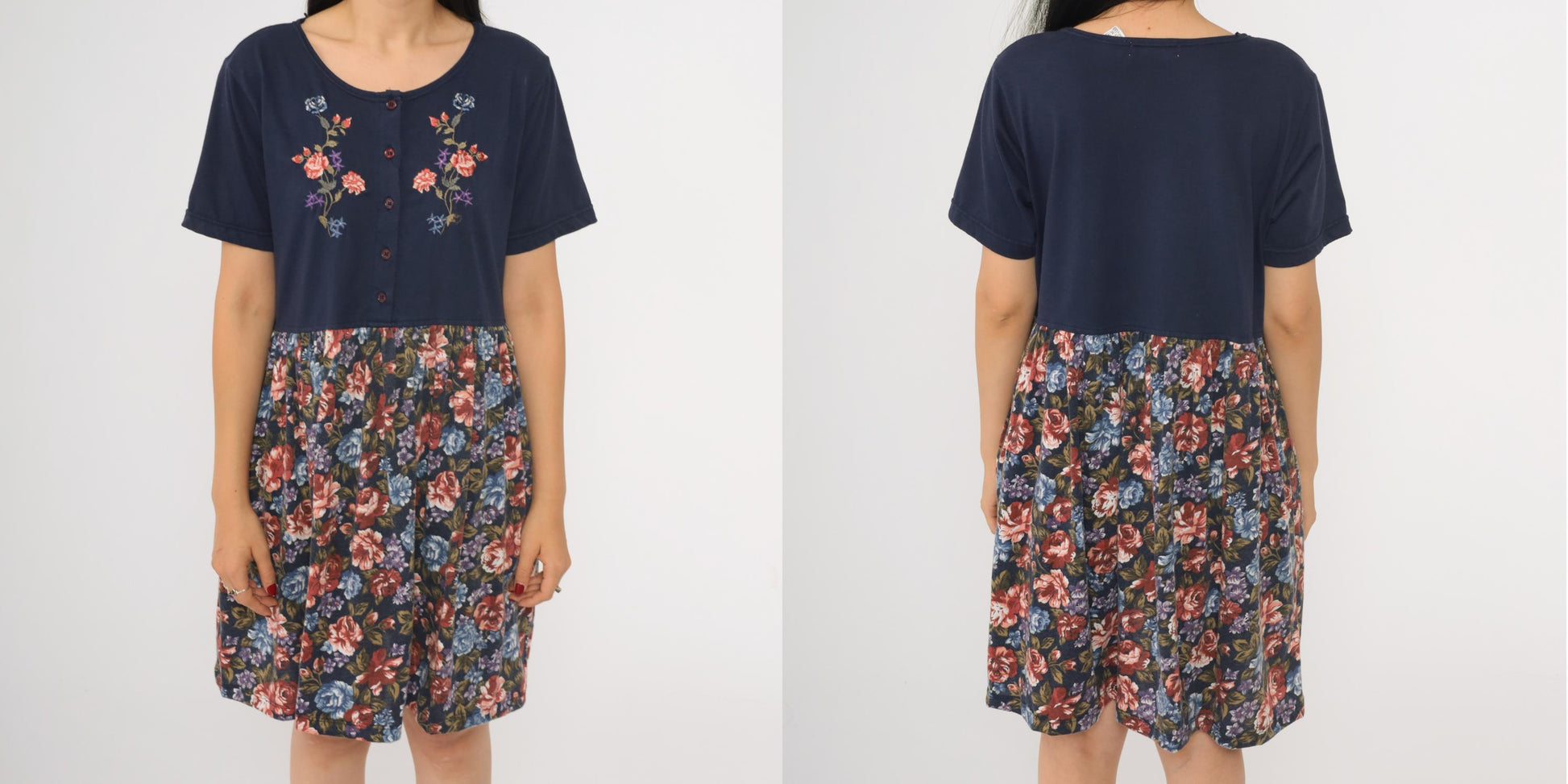 90s Sweetbriar Navy Floral Mini Dress Button Up Embroidered Medium M