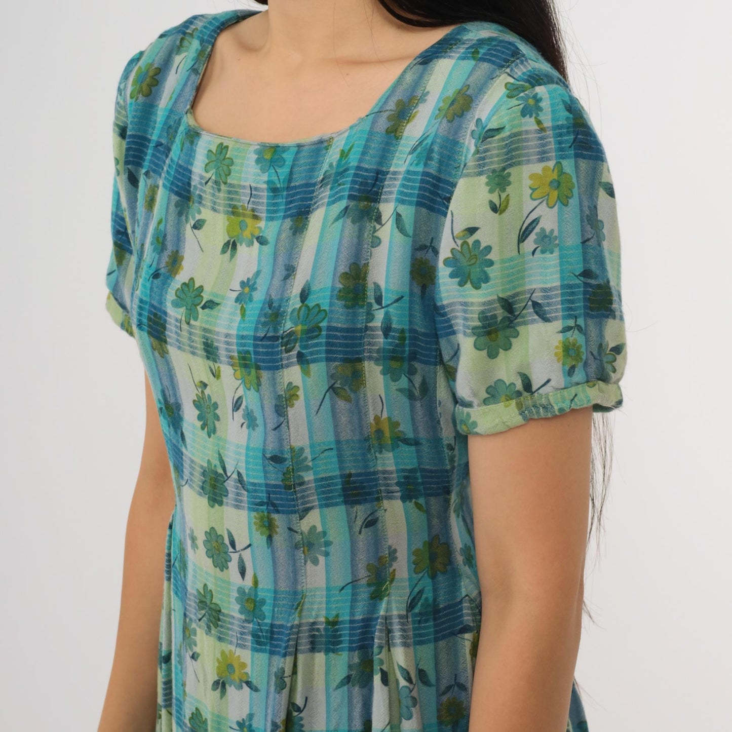 90s Sarah Elizabeth Checkered Floral Maxi Dress Blue Green Short Sleeve Medium