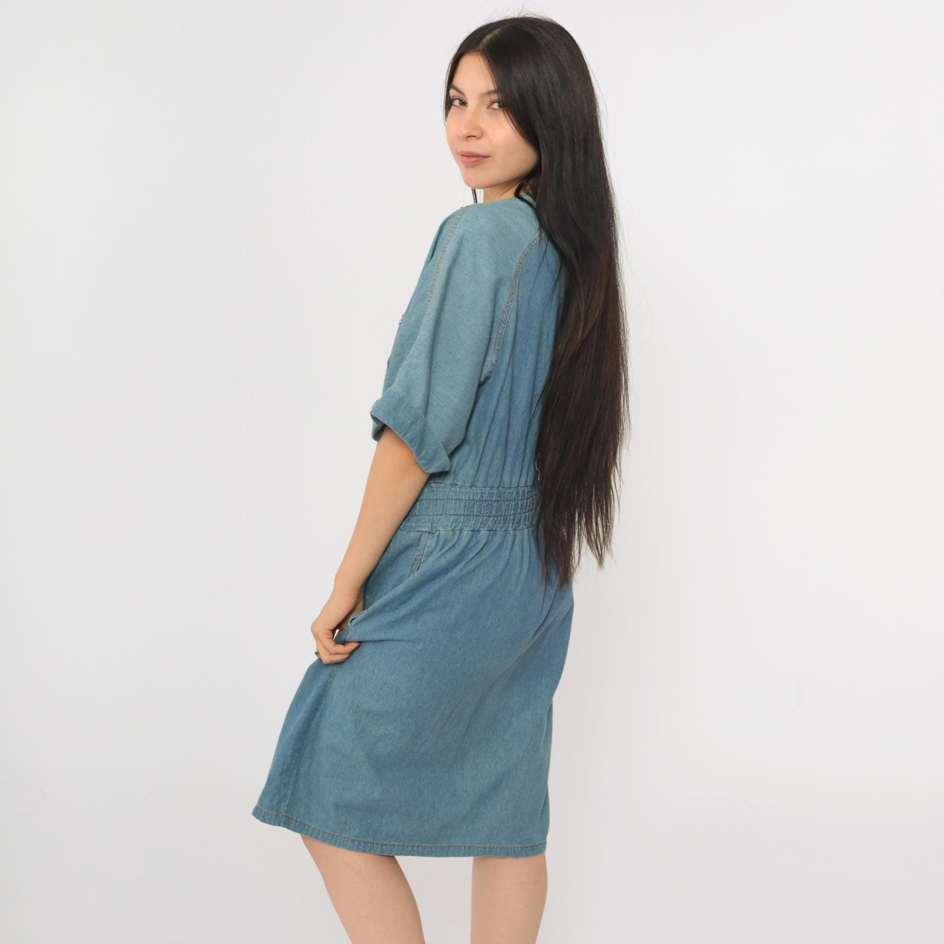 90s Styleworks Blue Denim Midi Dress Studded Rhinestone Button-Up V-Neck Medium