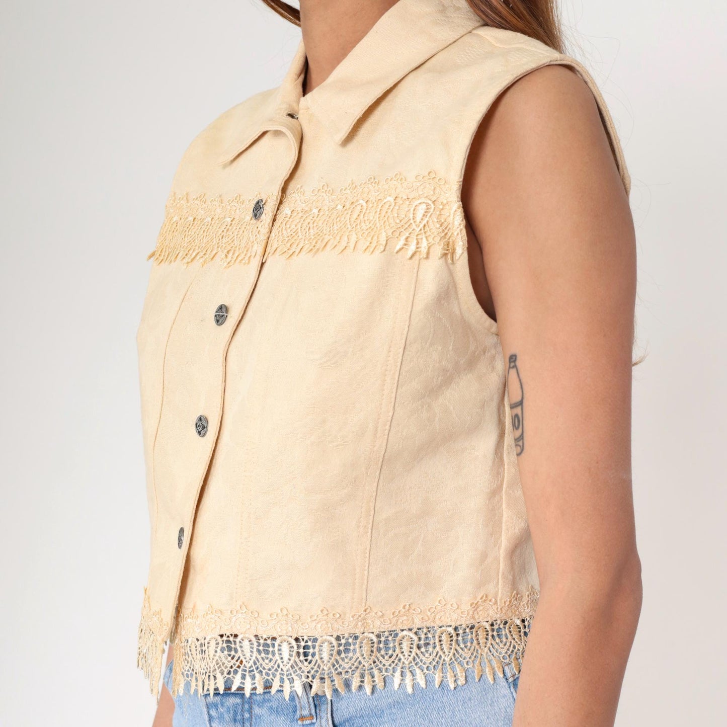 90s Cream Floral Jacquard Vest Cotton Button Up Cropped Medium M