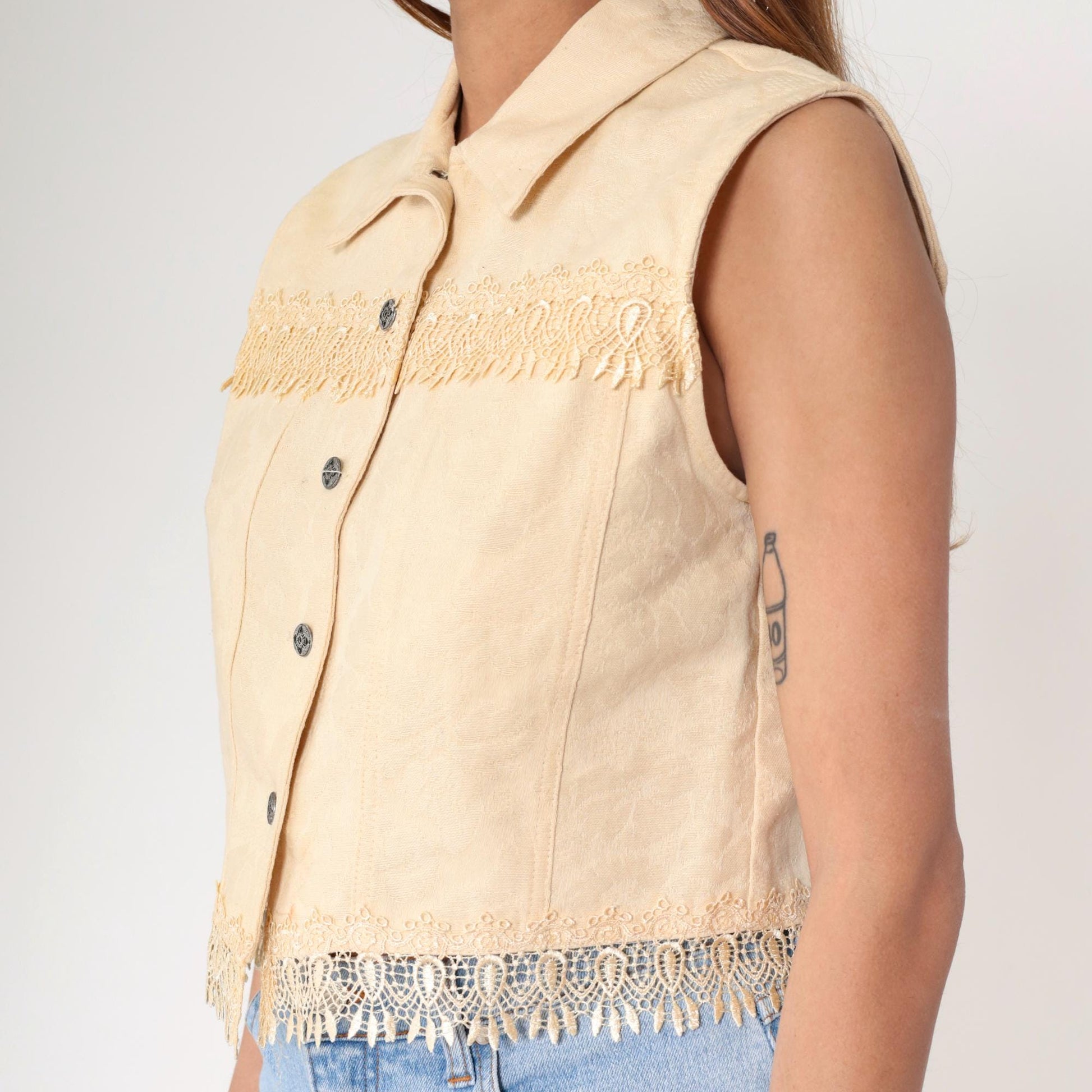 90s Cream Floral Jacquard Vest Cotton Button Up Cropped Medium M