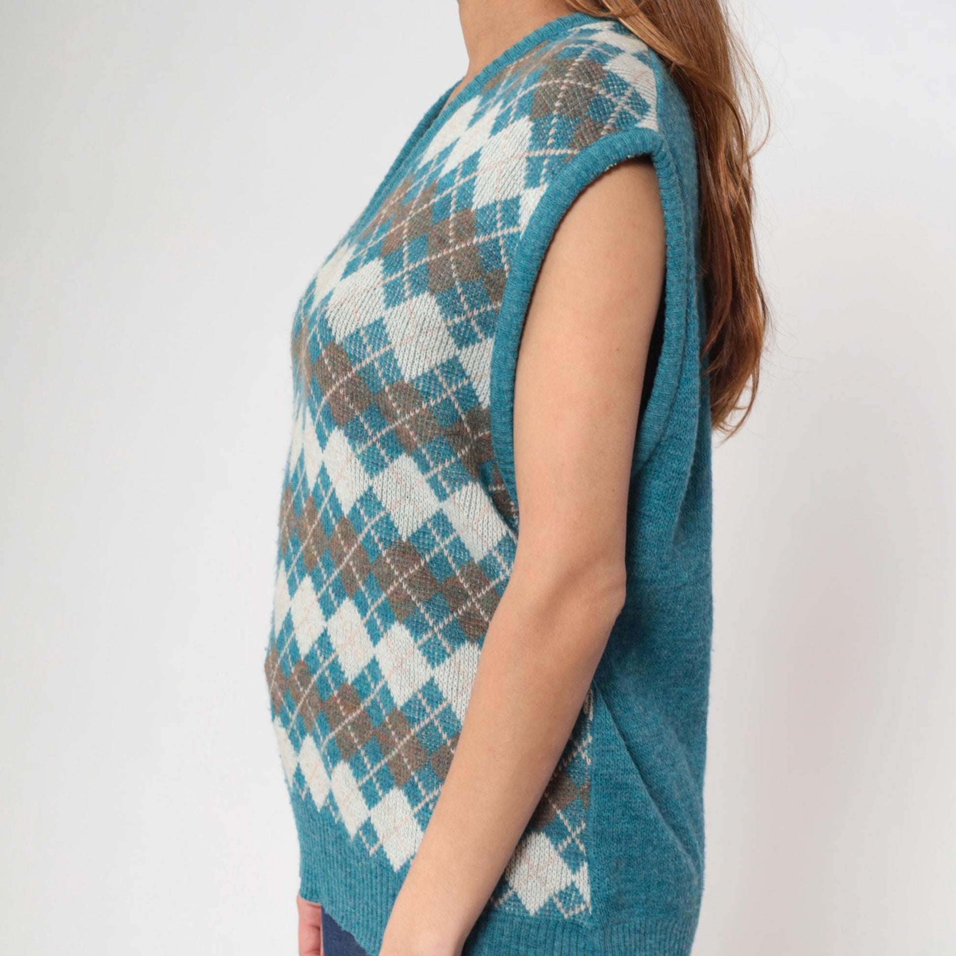 80s Turquoise Argyle Wool Acrylic Knit Vest V-Neck Sleeveless Large L