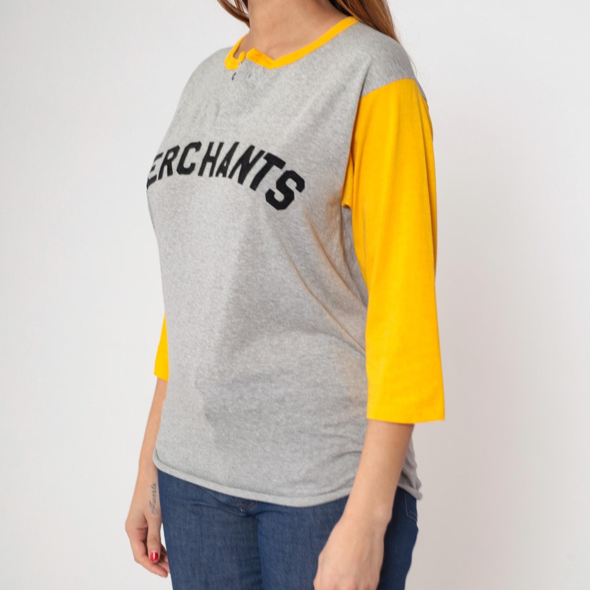 80s Merchants Baseball Shirt Grey Yellow Henley 3/4 Sleeve Medium