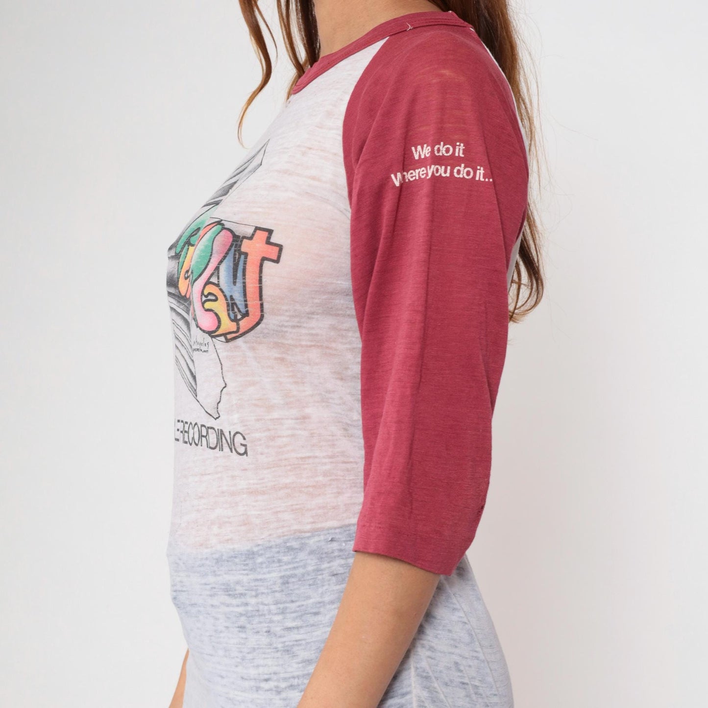 80s Record Plant Mobile Recording Raglan Tee White Maroon Burnout Medium Large
