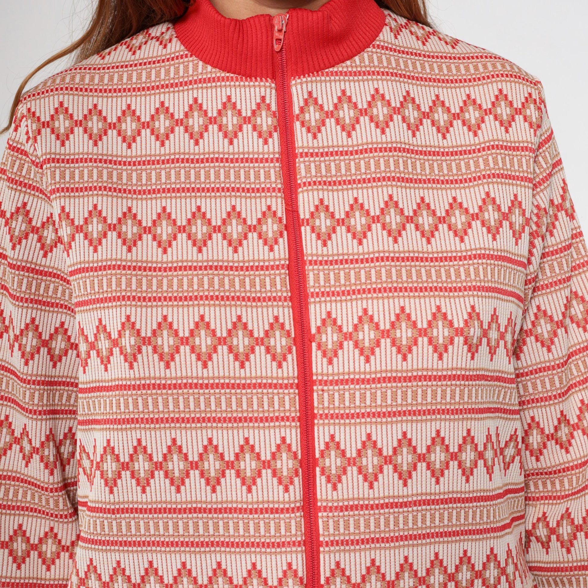 70s Geometric Striped Zip-Up Blouse Red Mock Neck Long Sleeve Large