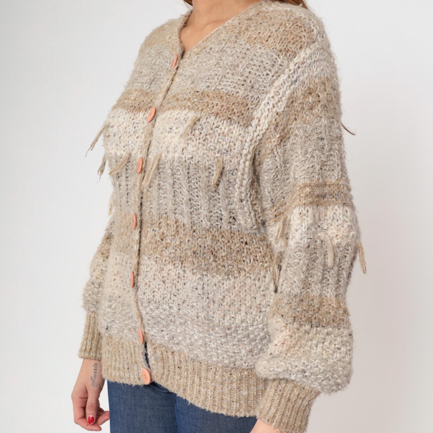 80s Sideffects Striped Cardigan Tan Grey Fringe Knit Small