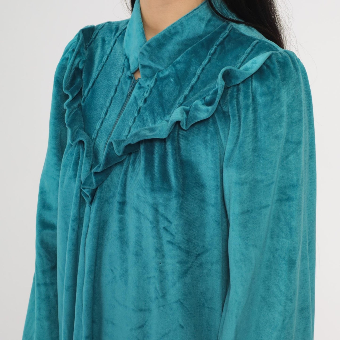 80s Lara Dee Velour Lounge Dress Teal Ruffled Yoke Zip Puff Sleeve Mini Medium