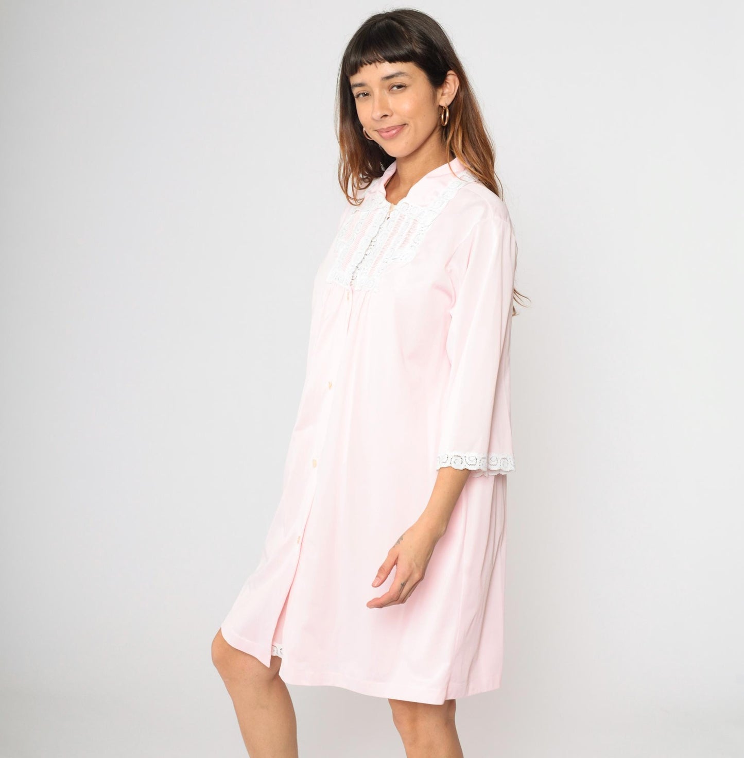 70s Baby Pink Nylon Nightgown & Robe Set Lace Trim Mini Large L