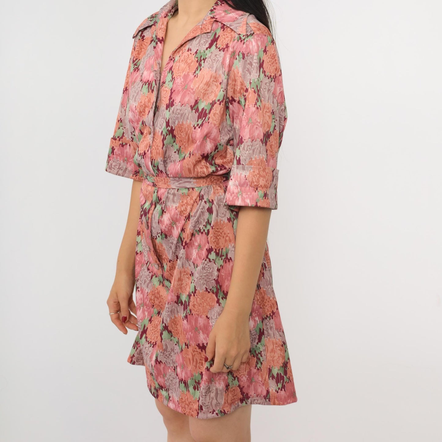 70s Pink Floral Shift Mini Dress Button-Up Half Sleeve Tie Belt Extra Large