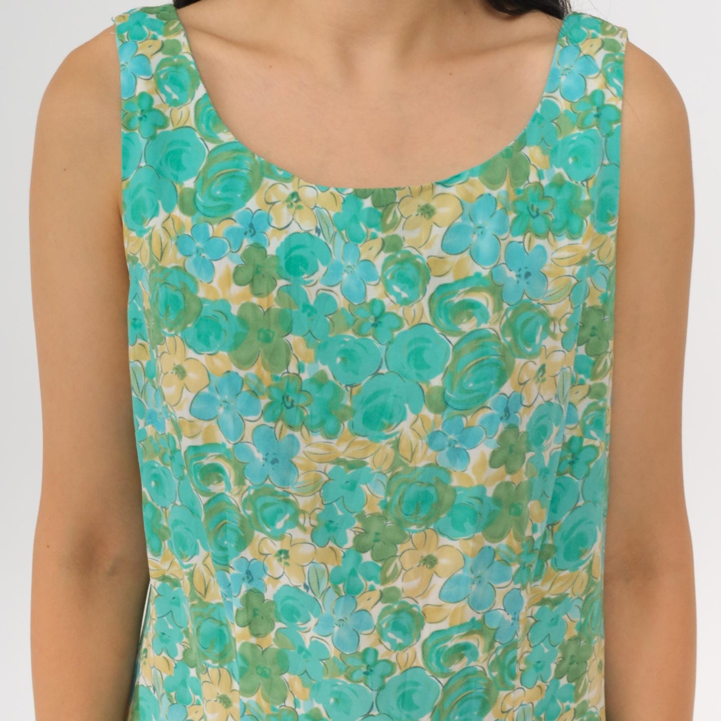 90s R & K Originals Floral Midi Dress Turquoise Blue Sleeveless Mermaid Hem Medium