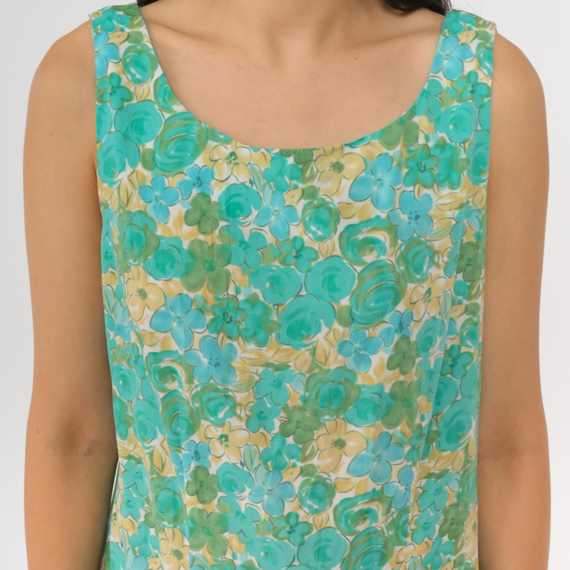 90s R & K Originals Floral Midi Dress Turquoise Blue Sleeveless Mermaid Hem Medium